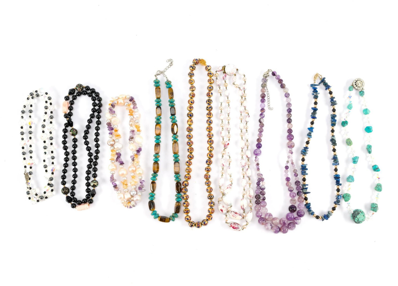 9 Beaded Necklaces: Includes amethyst and glass. 9" to 15-1/2" long. 