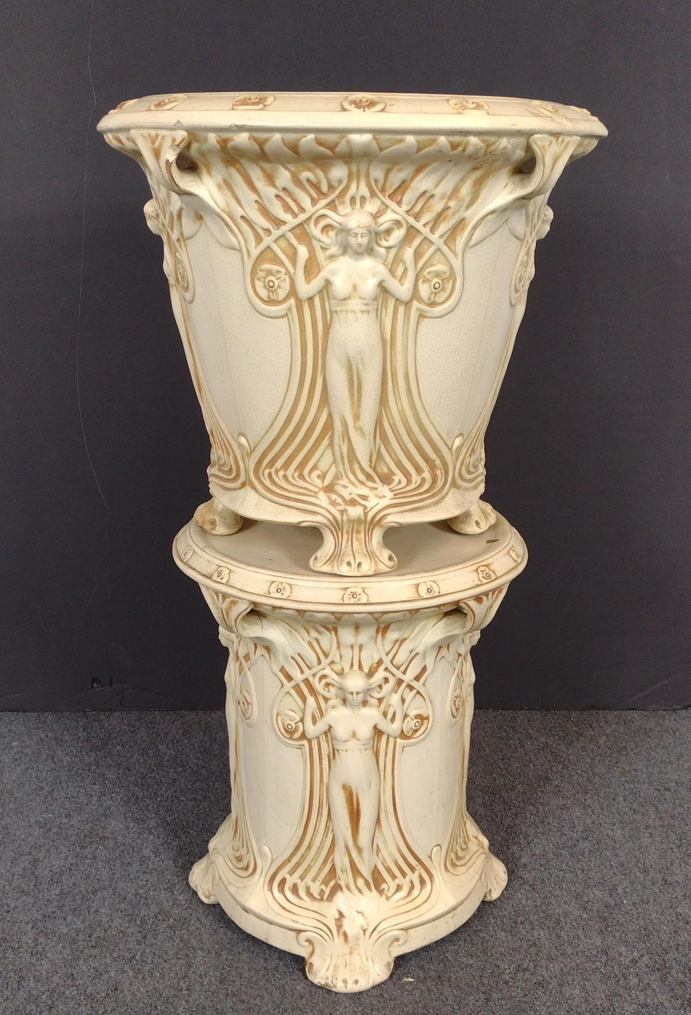 Weller Art Nouveau Jardiniere & Pedestal: Has been repaired. 35-1/4" tall. 
