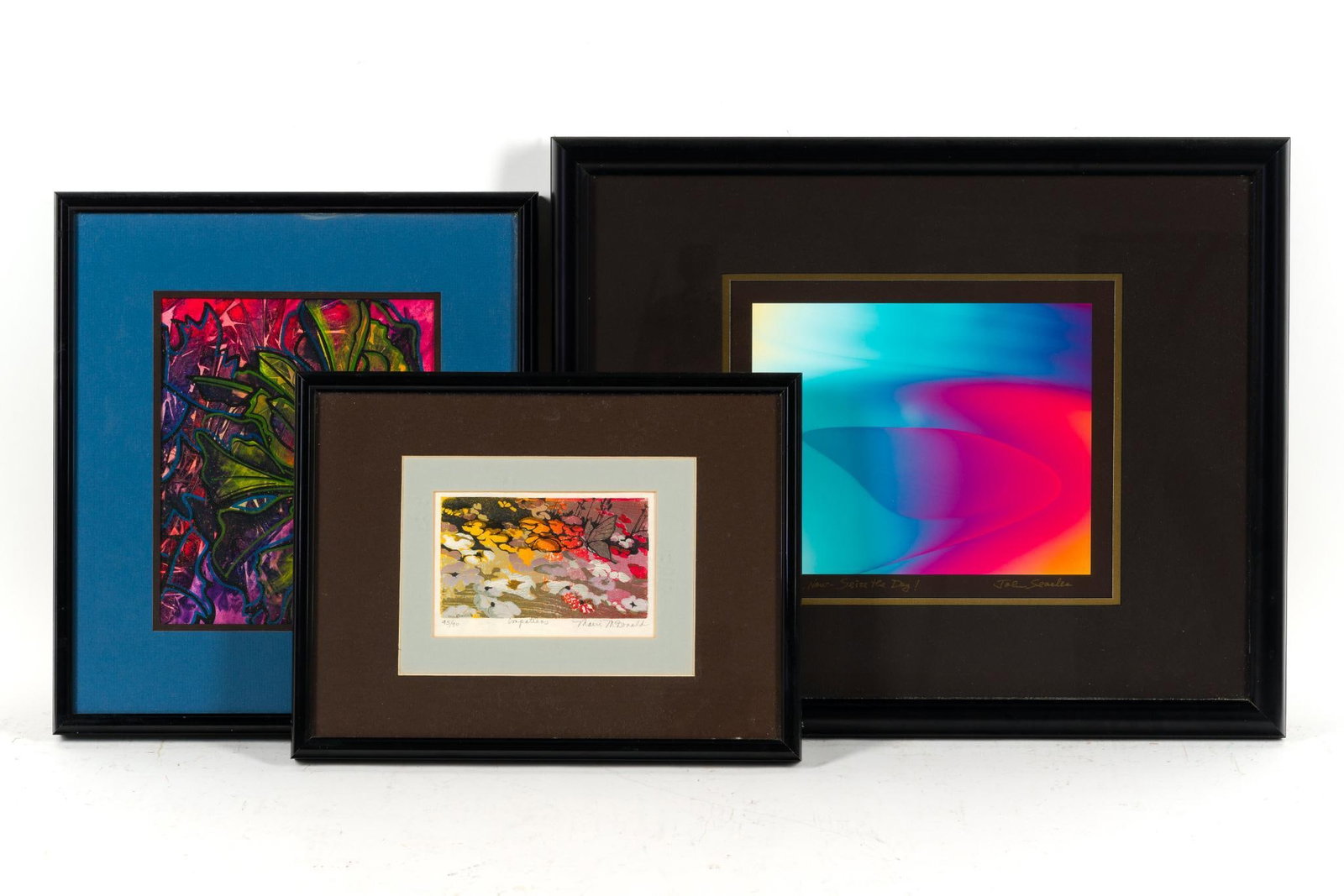 2 Prints and Acrylic Painting: Th largest piece, 17 1/2" X 21 1/2" framed size, an artwork by John Searles. Also an acrylic painting Donald Sam Sneeder and a print, edition of 45/90 Marcy McDonald 
