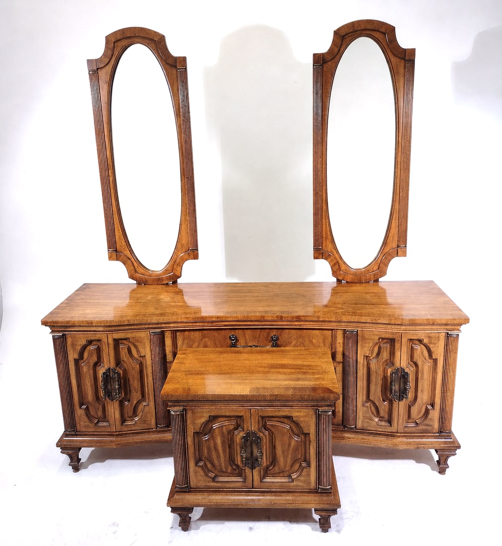 Rapids Furniture Co. Dresser w/ Mirrors & End Table: Side table measures 27" x 16" x 26". Dresser with double mirrors measures 74" x 22" x 82-3/4". Some light scratches to the surfaces but overall in good shape.