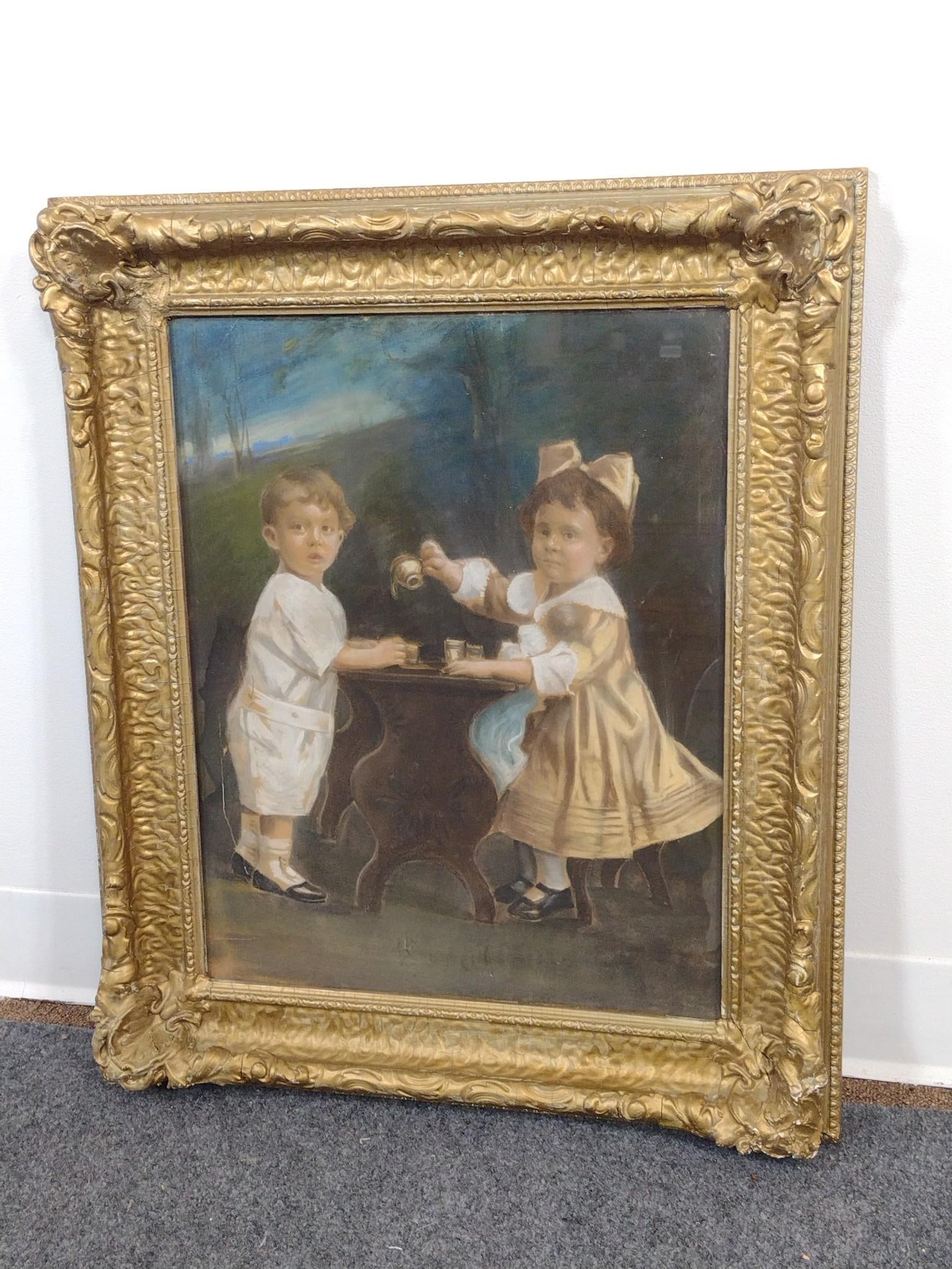 Pastel On Paper Approximately 1920's Framed: A portrait of two children with framed size of 26" X 22". The paper has tears and the frame has cracking but no substantial losses.