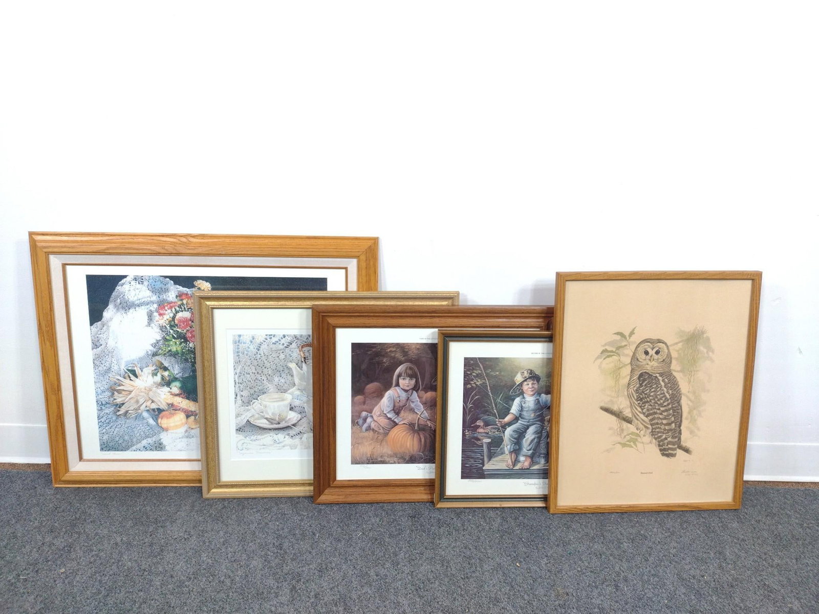 5 Framed Wildlife & Genre Limited Edition Prints, Signed: Barred Owl 1975 by Don Radovich, Colorado signed and numbered 482/500, Dad's Pumpkin Patch by John C, Green 1992 signed and numbered 232/2000, Second Chances by Lynn Byren artists proof 5/300, &#
