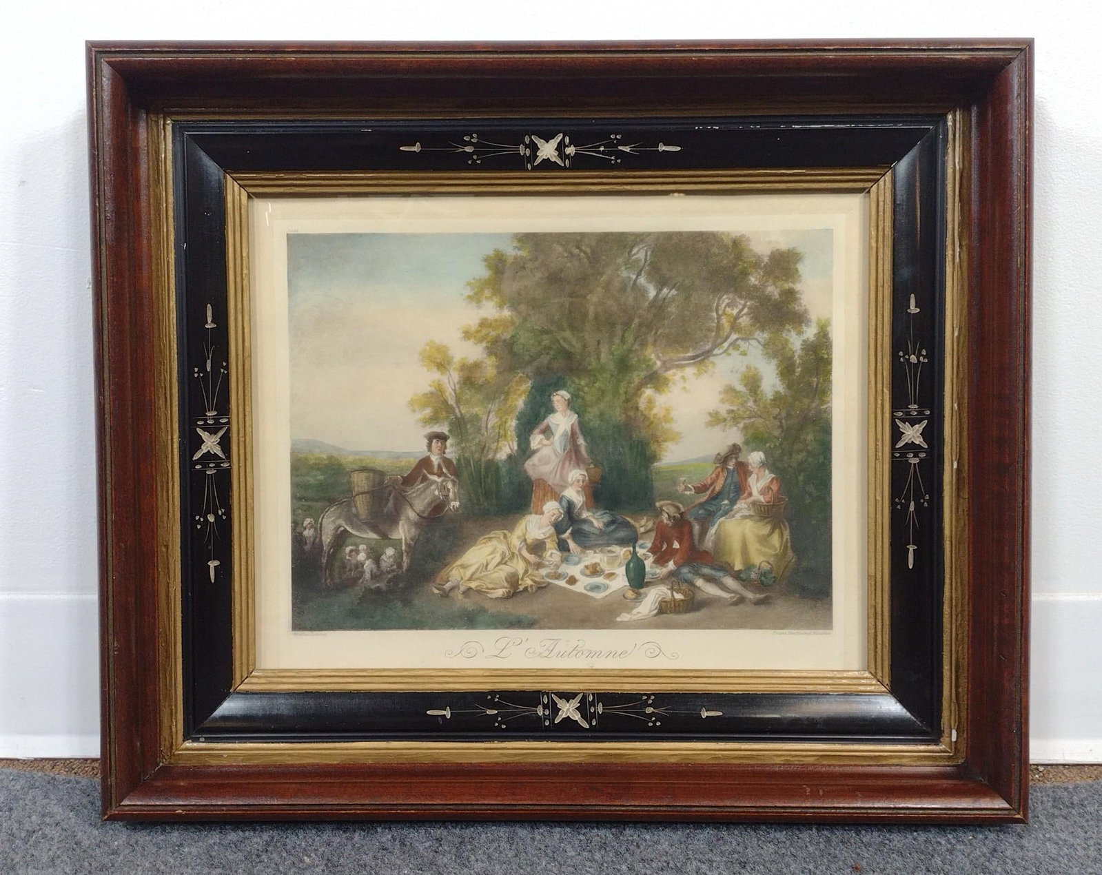 Antique Hand Painted Lithograph After Nicolas Lancret: A hand colored lithograph by Franz Hanfstaengl, München 1804 1877. He was a known Bavarian painter and lithographer. The artwork is after a painting by Nicolas Lancret, L'Automne 1