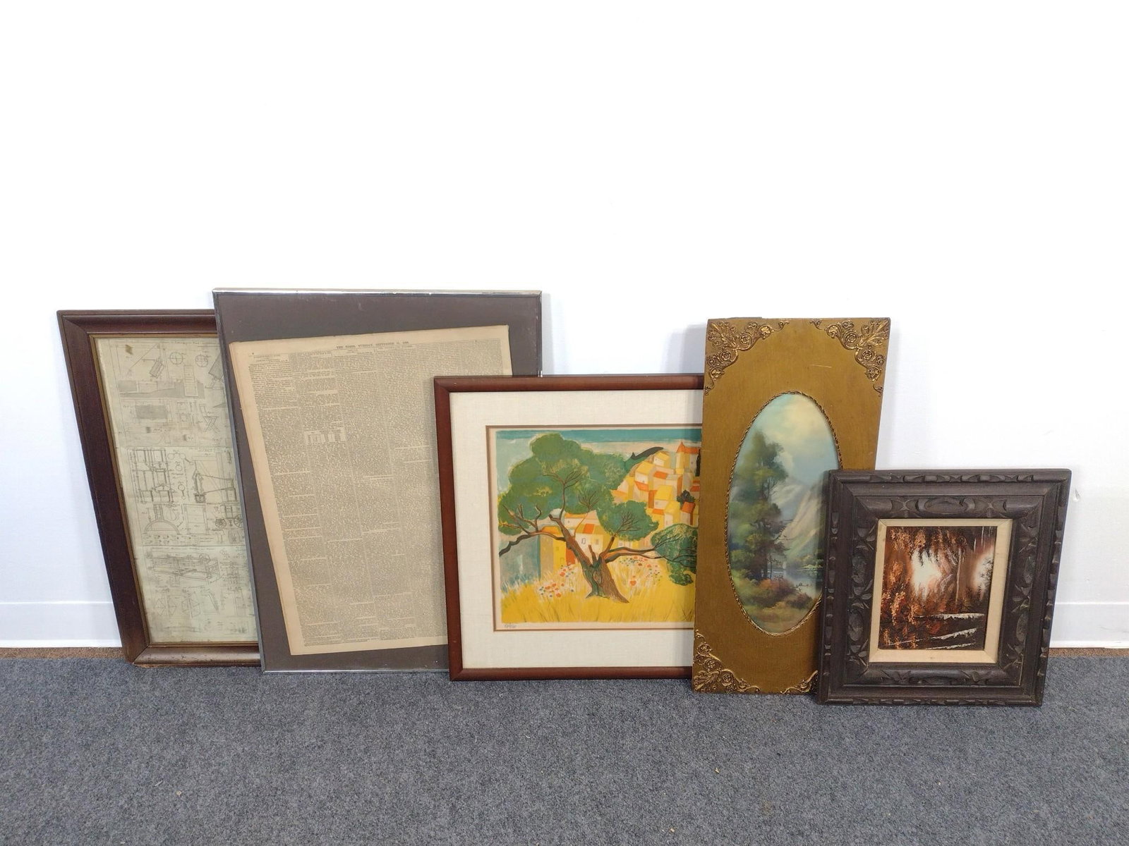 Five Artworks Including Georges Lambert: A color lithograph signed and numbered in pencil Georges Lambert 170/260. Oil on canvas scenery painting. Oval Pastel after William Henry Chandler, 1880 Times framed newspaper. Dinglers Pol
