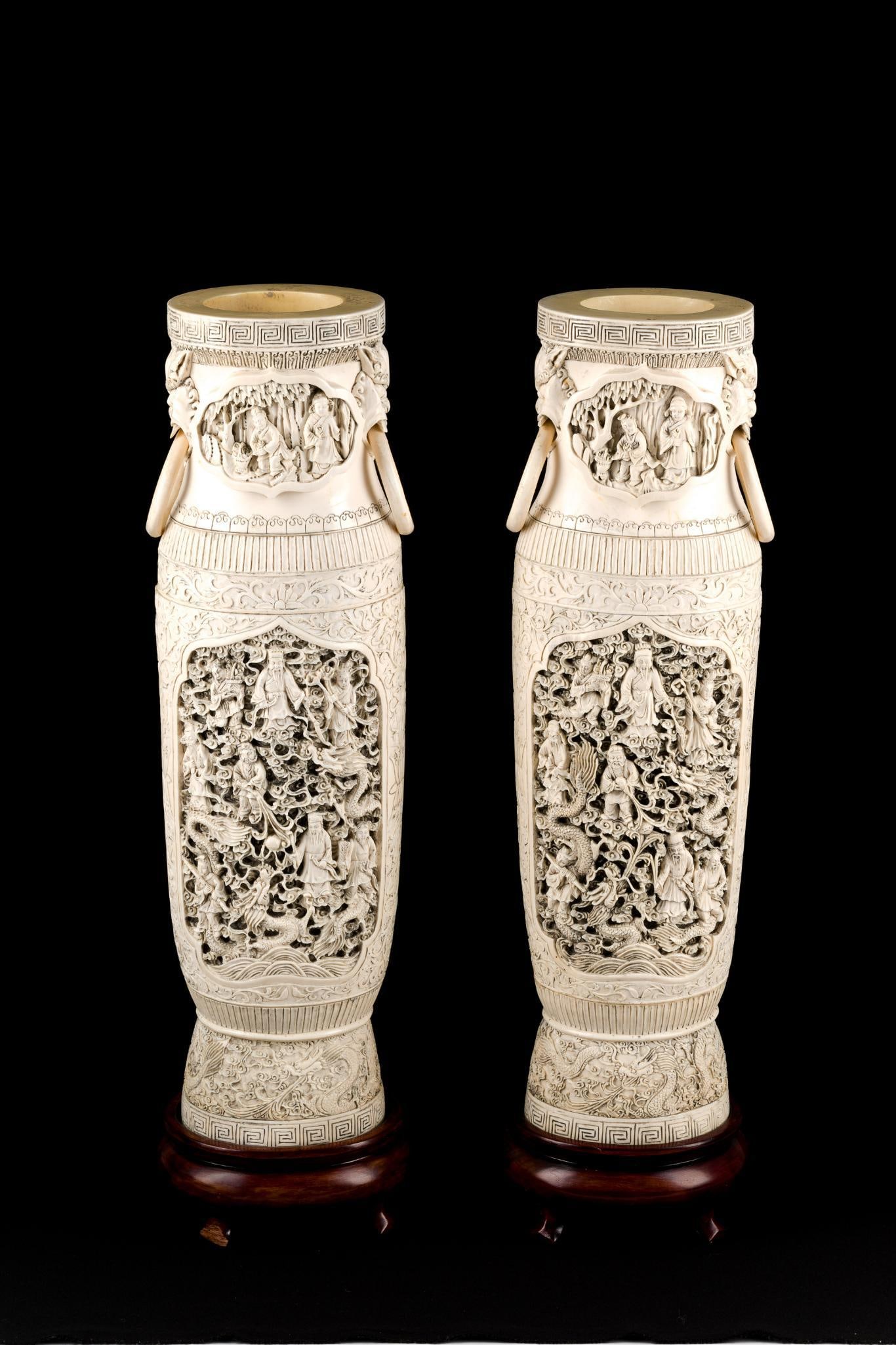PA RESIDENTS ONLY: Large Pair of Antique Carved Ivory Chinese Vases (1 of 8)