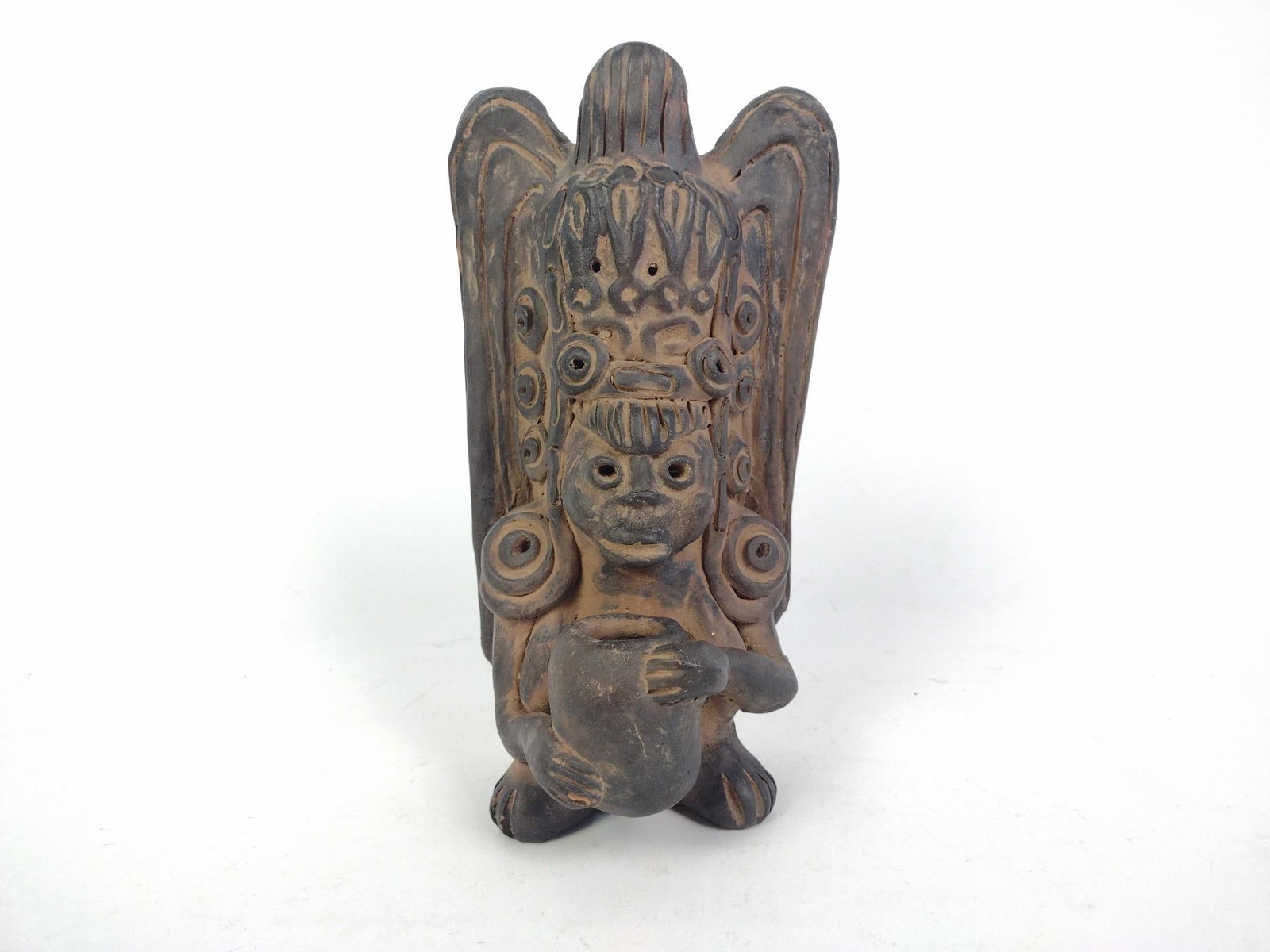 Vintage Terracotta Folk-Art Statue: Mexican folk-art piece. Measures 4-1/2" x 4-1/2" x 9-1/2".