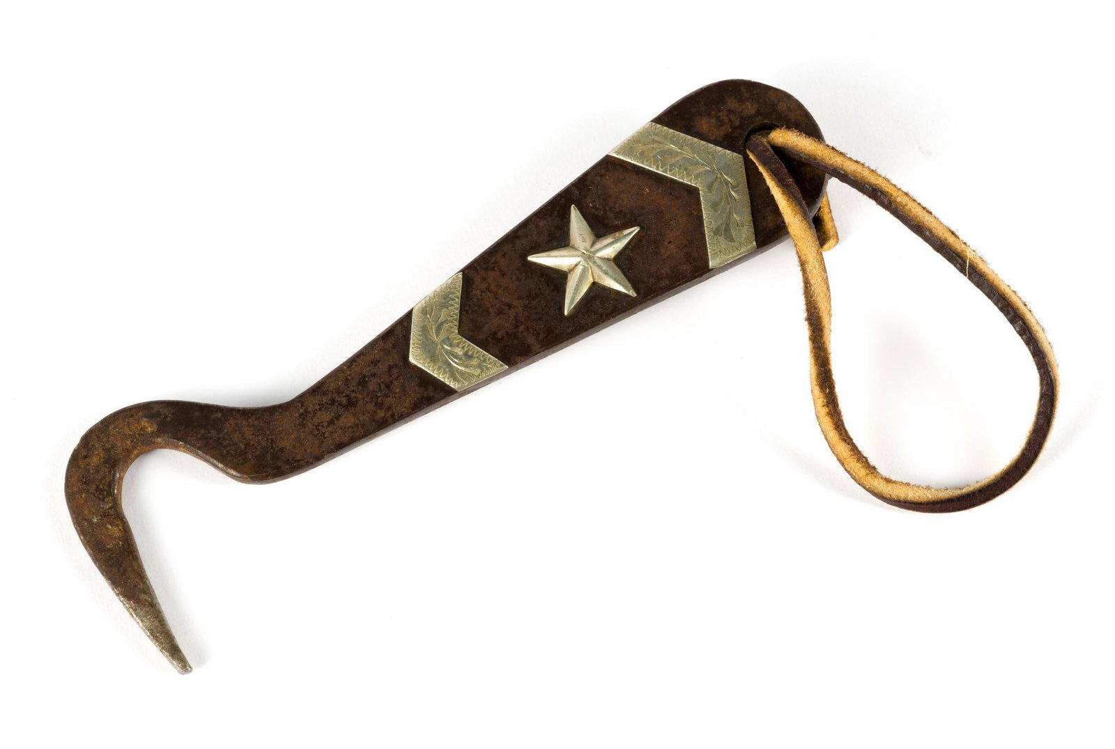 (Modern Era) Western Style Hoof Pick: With "Texas Star" & silver design on front. Leather strap. 1-3/8" wide x 6" long. 