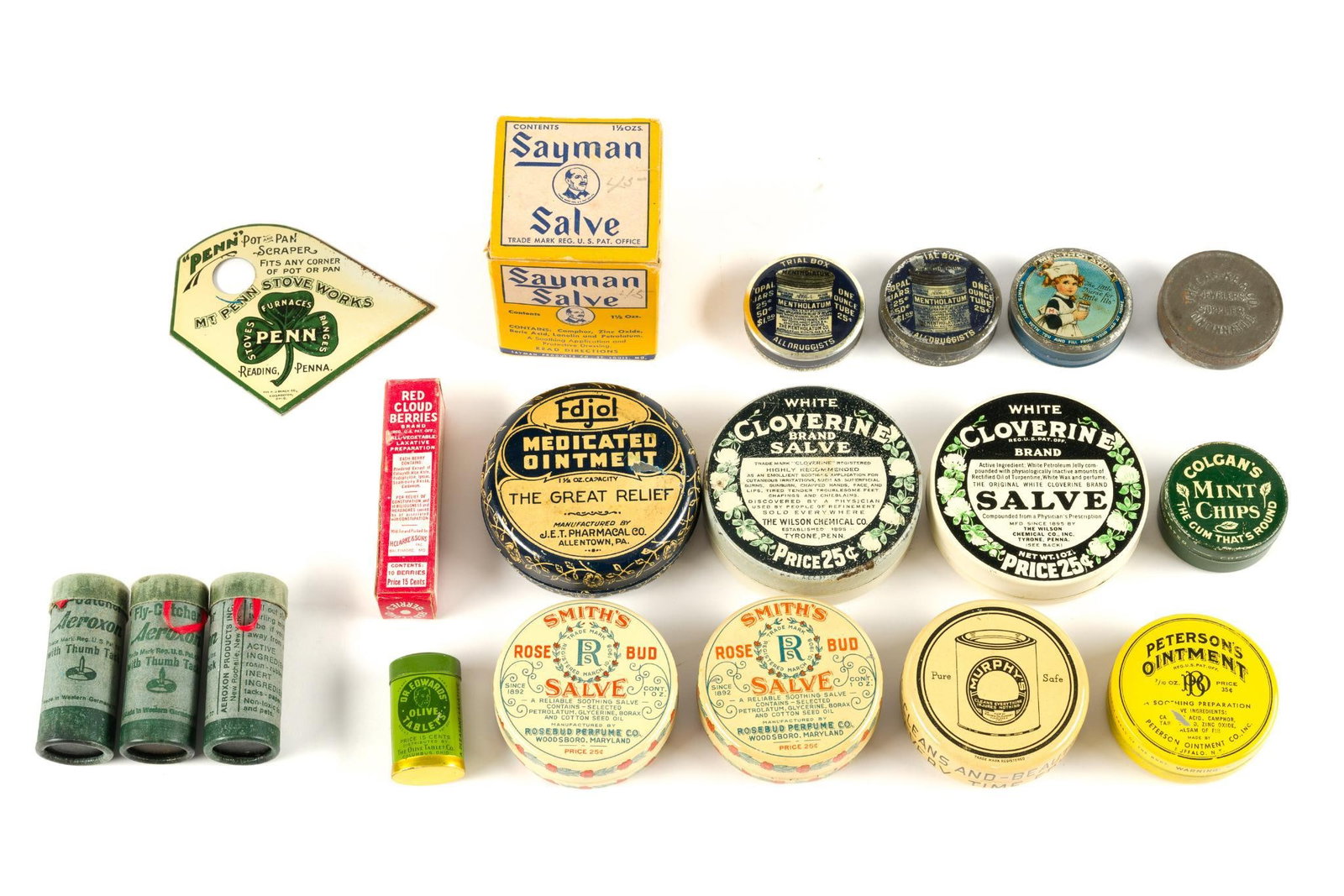 (Depression Era) 19 Antique Country Store Goods in Original Packages: Includes Sayman Salve; The Casker Co. Jewelers Supplies; Peterson's Ointment; H. Clarke & Sons Red Cloud Berries Laxative Prep; (2) White Cloverine Brand Salve; Dr. Edwards' Olive Tablets; (3) Fly-Cat