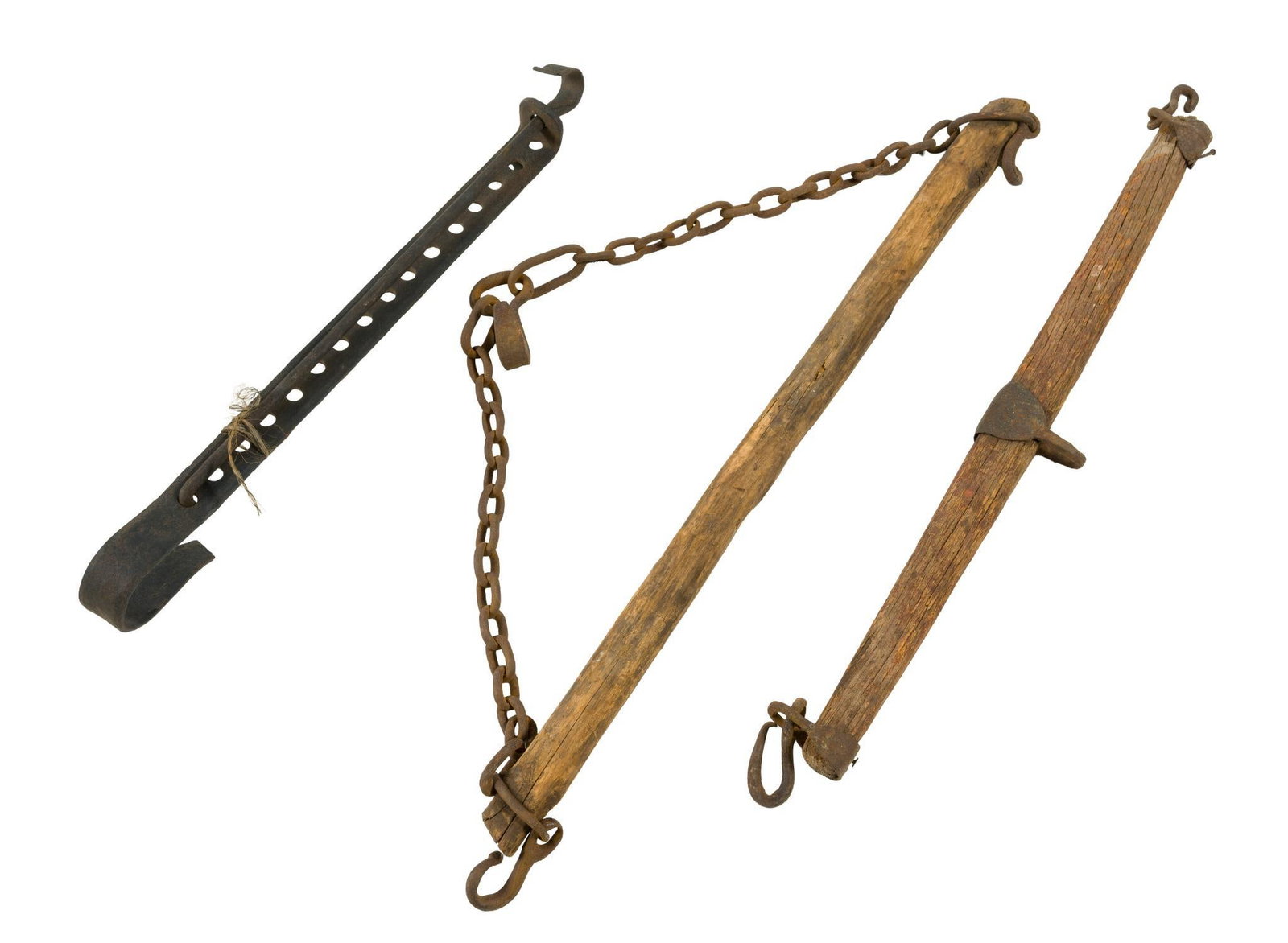 (Civil War Era) 2 Antique Yokes & Cast Iron Trammel Hook: Cast iron trammel hook is an adjustable, interlocking metal hook traditionally used to suspend cooking pots over an open fire. By allowing cooks to easily raise or lower the vessel, it acts as a medie