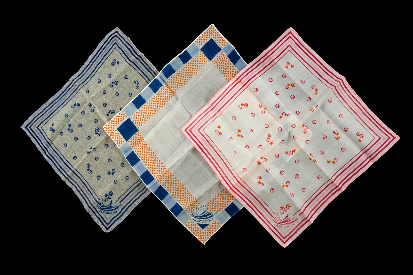 (Depression Era) Three 1933 Chicago World's Fair Silk Scarves: All marked 1933 Japanese Silk in the corner. Produced by artists in the Japanese Pavilion at the Chicago World's Fair in 1933. 9-3/4" to 11" wide x 9-3/4" to 10-3/4" long. Some areas of thinning consi
