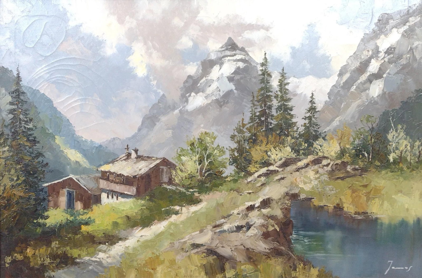 Mountain Scene Oil on Canvas Signed Janos (1 of 4)