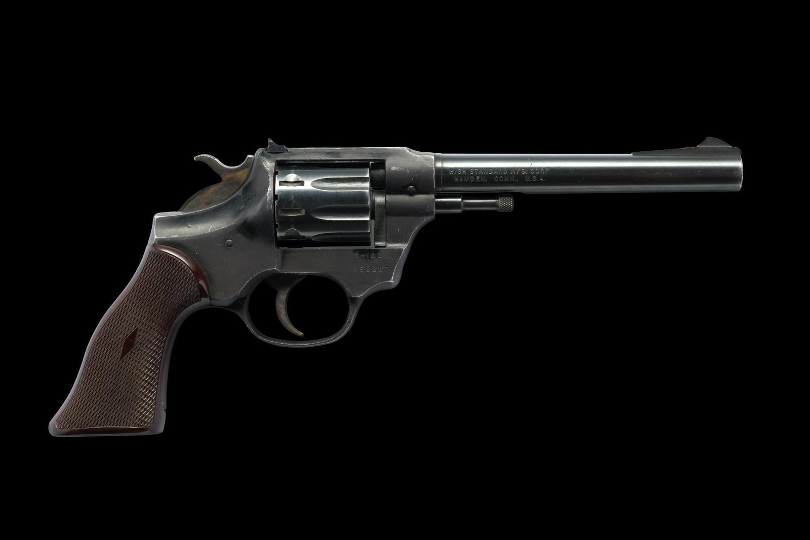 High Standard Sentinel Double Action Revolver, Cal. 22lr: Serial No. 552207 This High Standard Sentinel has a 6" barrel and a 9-shot cylinder chambered for .22lr cartridges. It carries the Hamden, Conn. address on the right side of the barrel and is marked