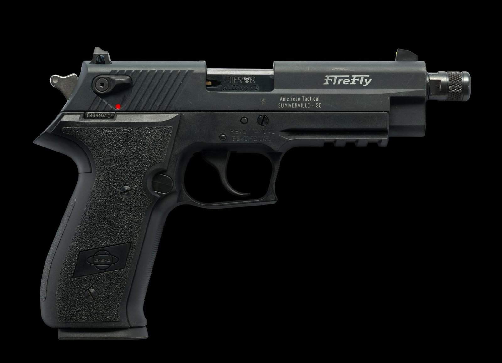 GSG Firefly Pistol, Cal. 22LR: Serial No. F434467 The GSG Firefly combines contemporary styling with practical features including a fixed threaded barrel and 10 round magazine. 4" barrel. Includes an extra magazine. In the