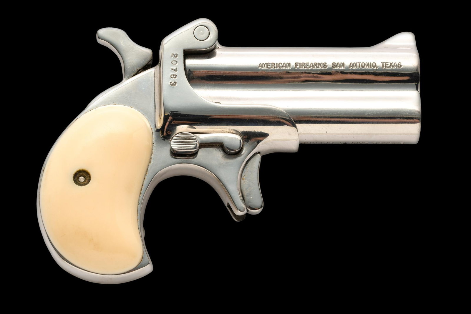 American Firearms Over/Under Derringer, Cal. .38 Special: Serial No. 20783 This over-under derringer was manufactured by American Firearms of San Antonio, Texas. Stainless steel construction 3" barrel. Caliber .38 special. Manual ejector and safety button