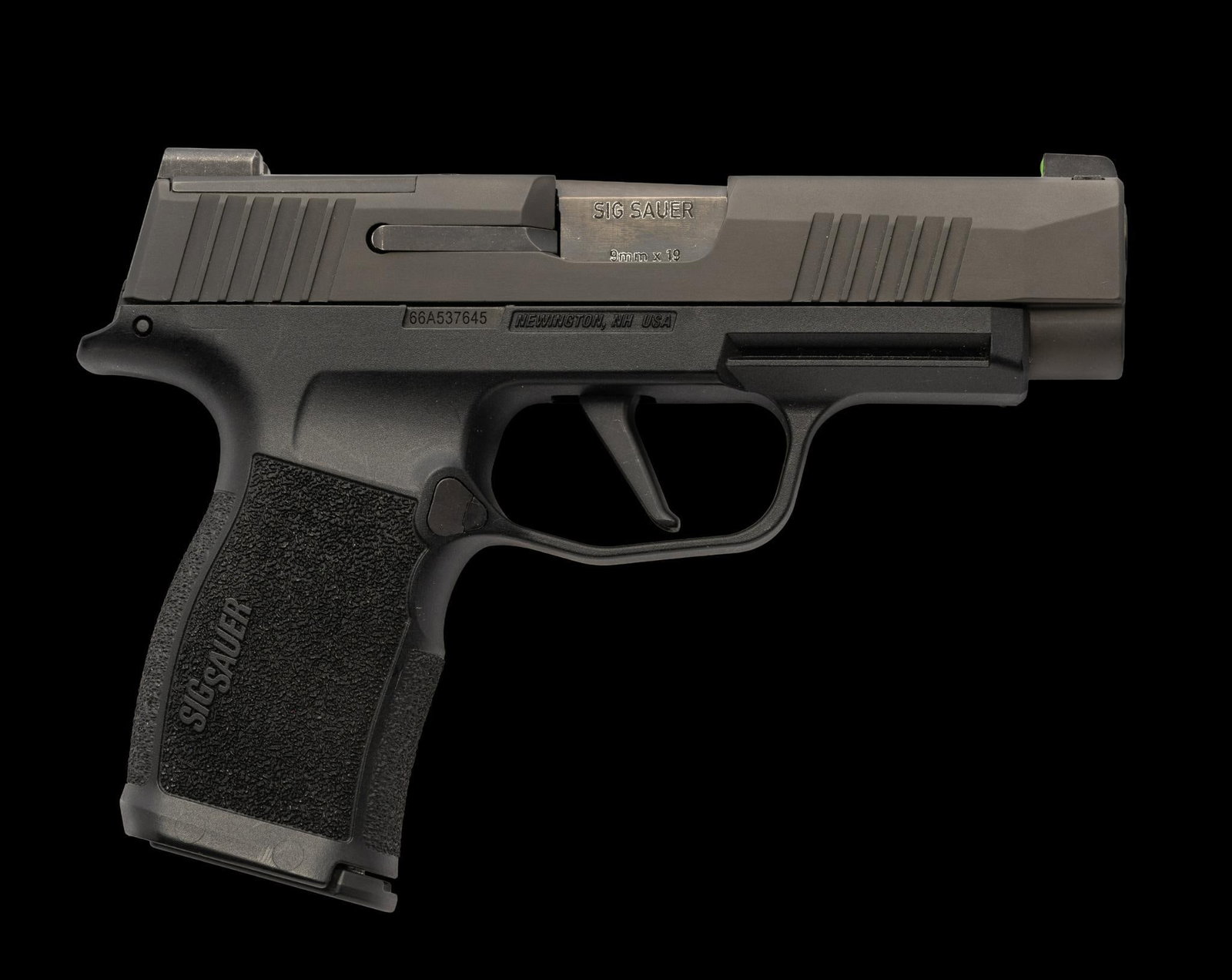 Sig-Sauer P365 Semi-Auto Pistol, Cal. 9mm Luger: Serial No. 66A537645 The Sig-Sauer P365 is a contemporary, striker-fired compact handgun with a polymer frame and a 3-1/8" barrel. The piece is chambered for the 9mm Luger cartridge. Two 12 round fact