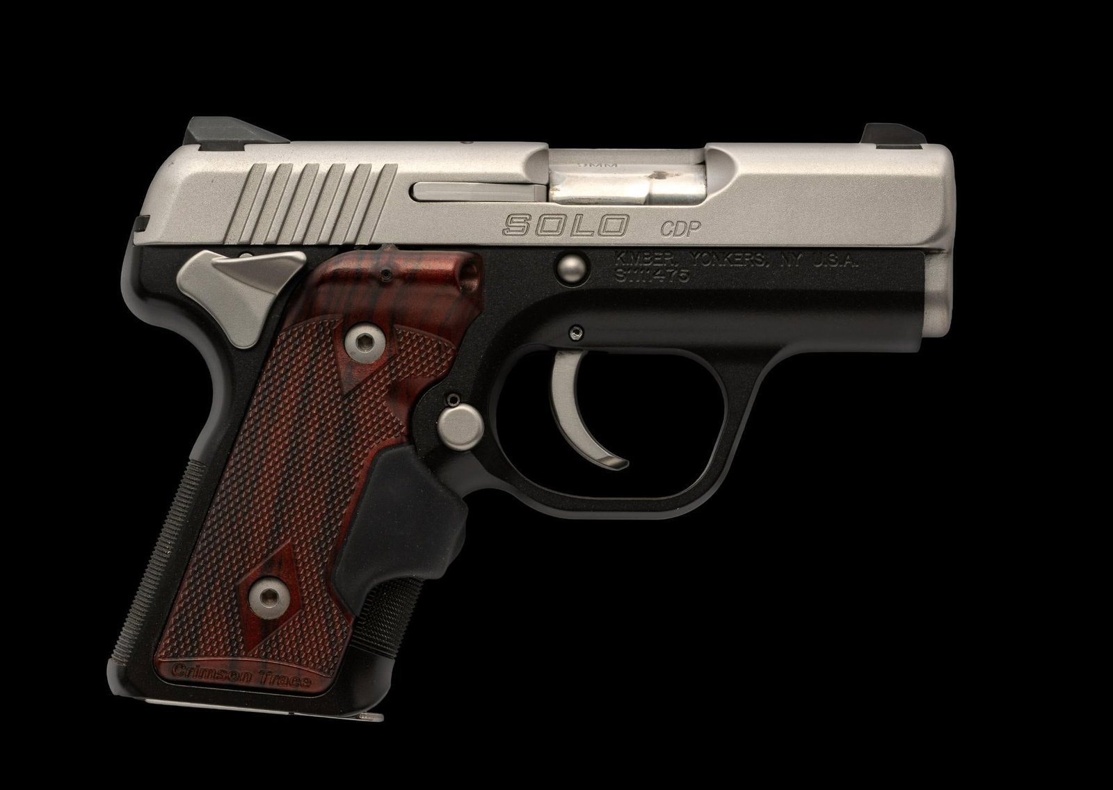 Kimber Solo CDP Semi-Auto Pistol, Cal. 9mm Luger: Serial No. S1111475 The Kimber Solo CDP is a compact semi-automatic pistol from the Kimber custom shop and is fitted with Crimson trace laser grips. The laser grips furnish or red dot and have an on/o