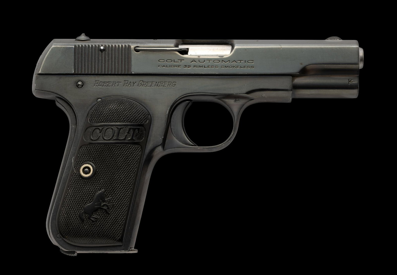 Colt Automatic Hammerless Pistol, Cal. .32 ACP: Serial No. 437247 Designed by the legendary John Moses Browning and introduced in 1903. It earned a reputation for exceptional reliability, refined workmanship, and compact dimensions, making it a fav