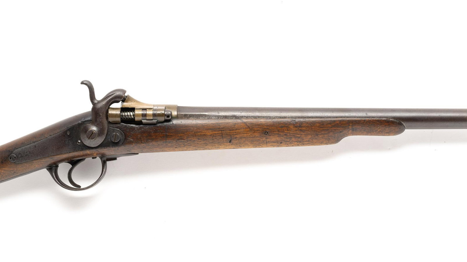 Belgian (ELG) Percussion Rifle: Serial No. V/275 Stamped ELG on barrel without crown indicating dated before 1893. A Belgian-made percussion sporting rifle bearing the ELG Liege proof mark, indicating inspection and proof testing at