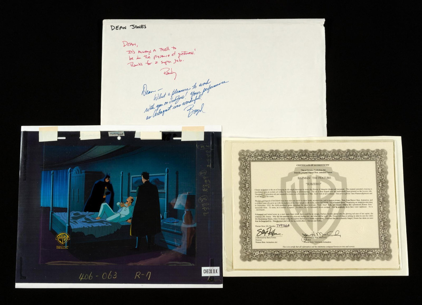Inscribed Envelope & Animation Cell "Batman & Mr. Freeze: SubZero": Animation cell from "Batman & Mr. Freeze: SubZero" 1998. Envelope has inscription on the cover from Boyd Kirkland (director, coproducer, and co-writer) and Randy Rogel (coproducer and co-writer) 