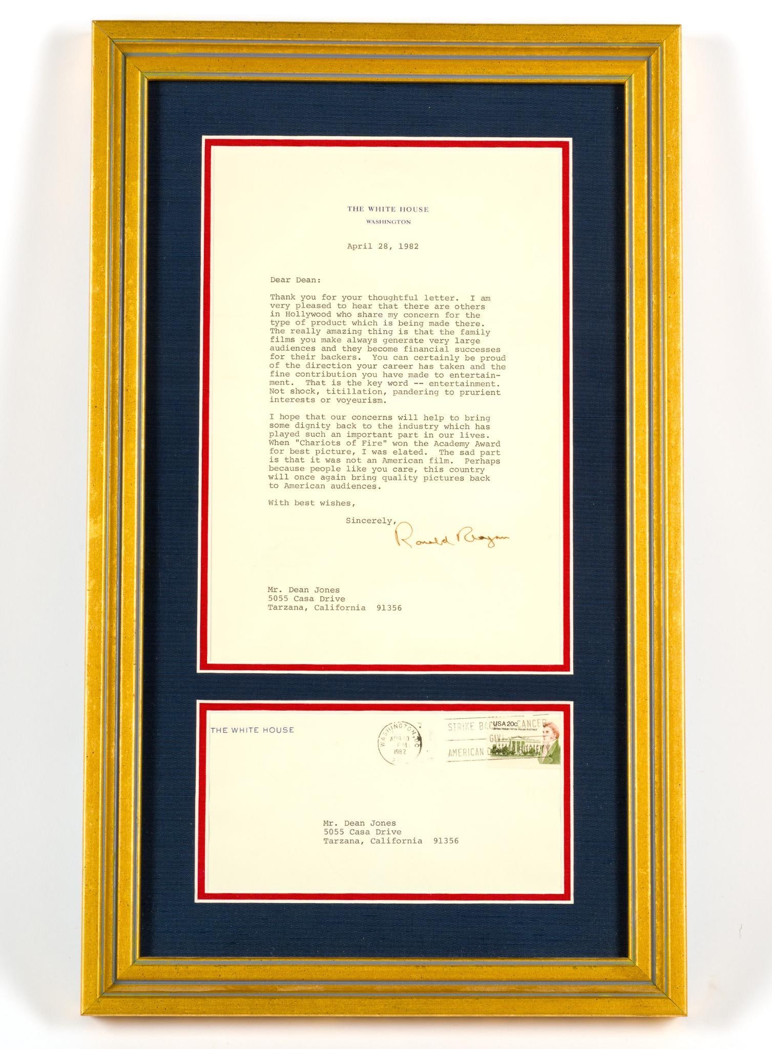 Framed Letter from Ronald Regan to Dean Jones: Framed letter to Actor, Dean Jones signed by President Ronald Regan. Dated 1982. Discusses how Jones and Regan both agree there needs to be a certain level met in Hollywood and Regan congratulate