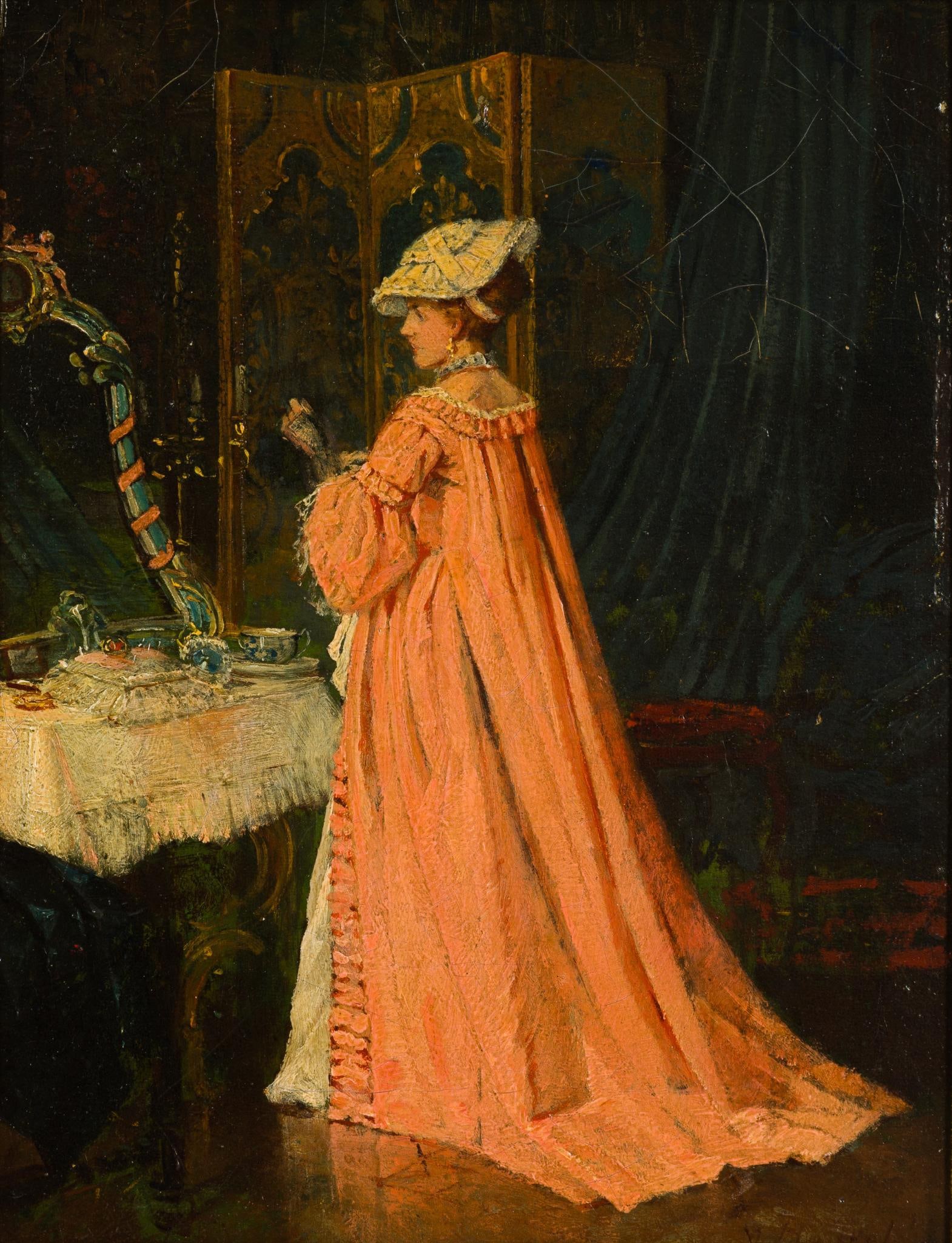 Oil On Canvas After Alfred Stevens (1823-1906) "Portrait Of A Young Woman At Her Toilette": Unsigned by artist. Alfred Émile Léopold Stevens was a Belgian painter as well known in France as in his homeland. The son of a collector of the great masters (Géricault and Delacroix),