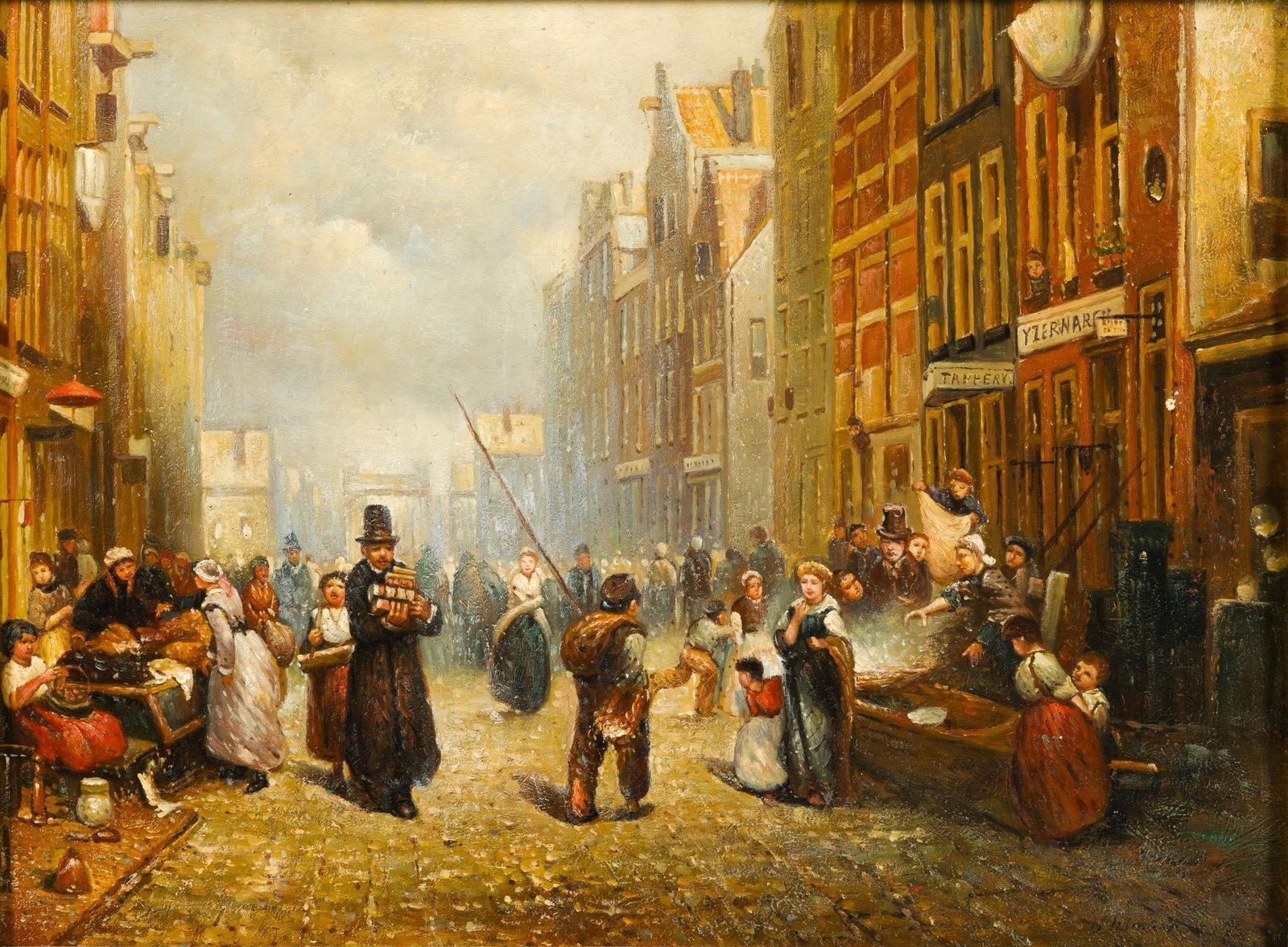 Oil On Canvas After Frans Arnold Breuhaus De Groot (1824-1872): Amsterdam, The Jewish Quarter. Work with heavy gilded frame measures 26-1/2" x 22-1/4" with frame. Provenance: From the Estate of Lory Patrick Jones (1933–2026), actress, writer, director, and p