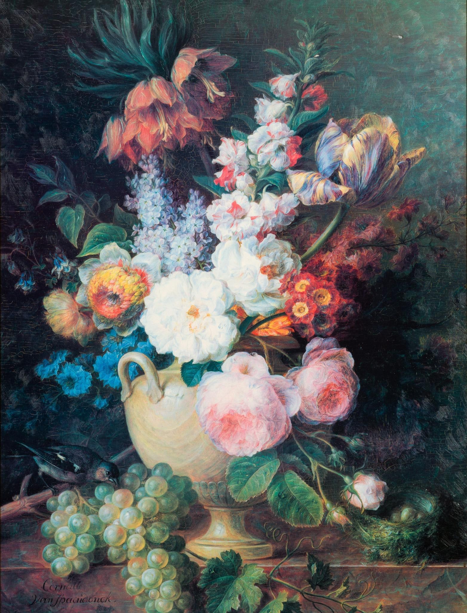 Reproduction Cornelius van Spaendonck (1756-1839): Still Life With Flowers And Grapes. Work with heavy gilded frame measures 44-3/4" x 56-3/4" and sight measures 35-1/4" x 47-1/8". Some areas of loss to the canvas and frame. Provenance: From the