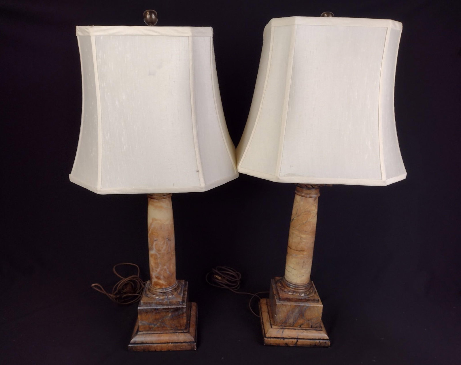 Pair of Faux Marble Base Decorative Lamps: Shades included. Lamps measure 31" H; Shades measure 12" high. Provenance: From the Estate of Lory Patrick Jones (1933–2026), actress, writer, director, and philanthropist known profession