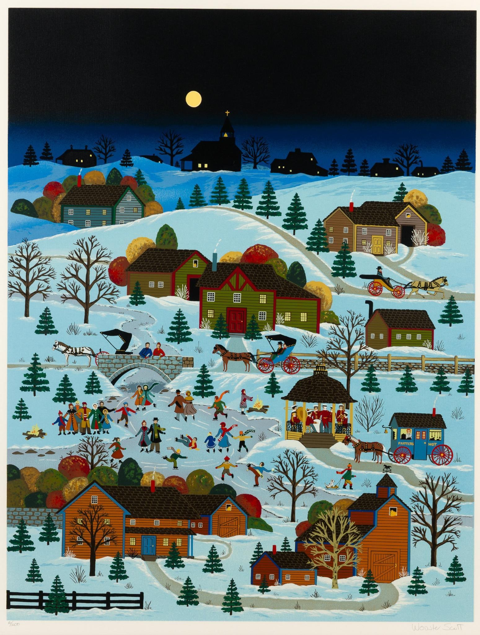 Jane Wooster Scott "Skater's Moon at Soda Springs" Signed Print: Signed lower right. Edition 16/200. Overall 42" high x 34-1/2" wide, sight 32-1/2" long x 25" wide. Provenance: From the Estate of Lory Patrick Jones (1933–2026), actress, writer,