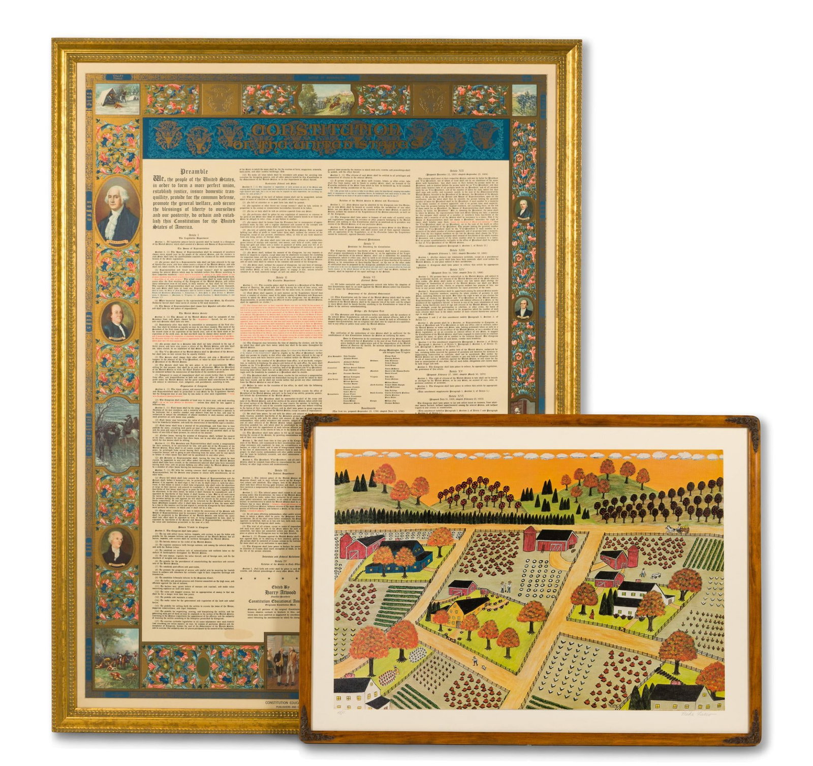 Mark Falco Print & U.S. Constitution Large Print: Mike Falco "Autumn" Artist Proof, signed lower right. U.S. Constitution printed by Constitution Educational Association. 19-3/4" to 42-3/4" high x 27-3/4" to 32-1/4" wide. Provenance: From the