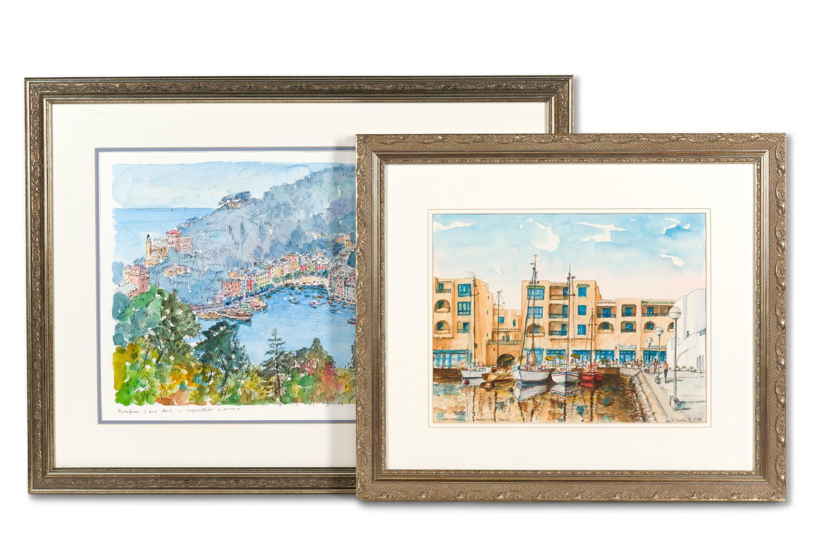 2 Italian Seaside Watercolors: Includes Cap. Marina signed Farhark and Portofino, signature indecipherable. 21" to 24" high x 24-1/2" to 31-1/4" wide. Provenance: From the Estate of Lory Patrick Jones (1933–2026),