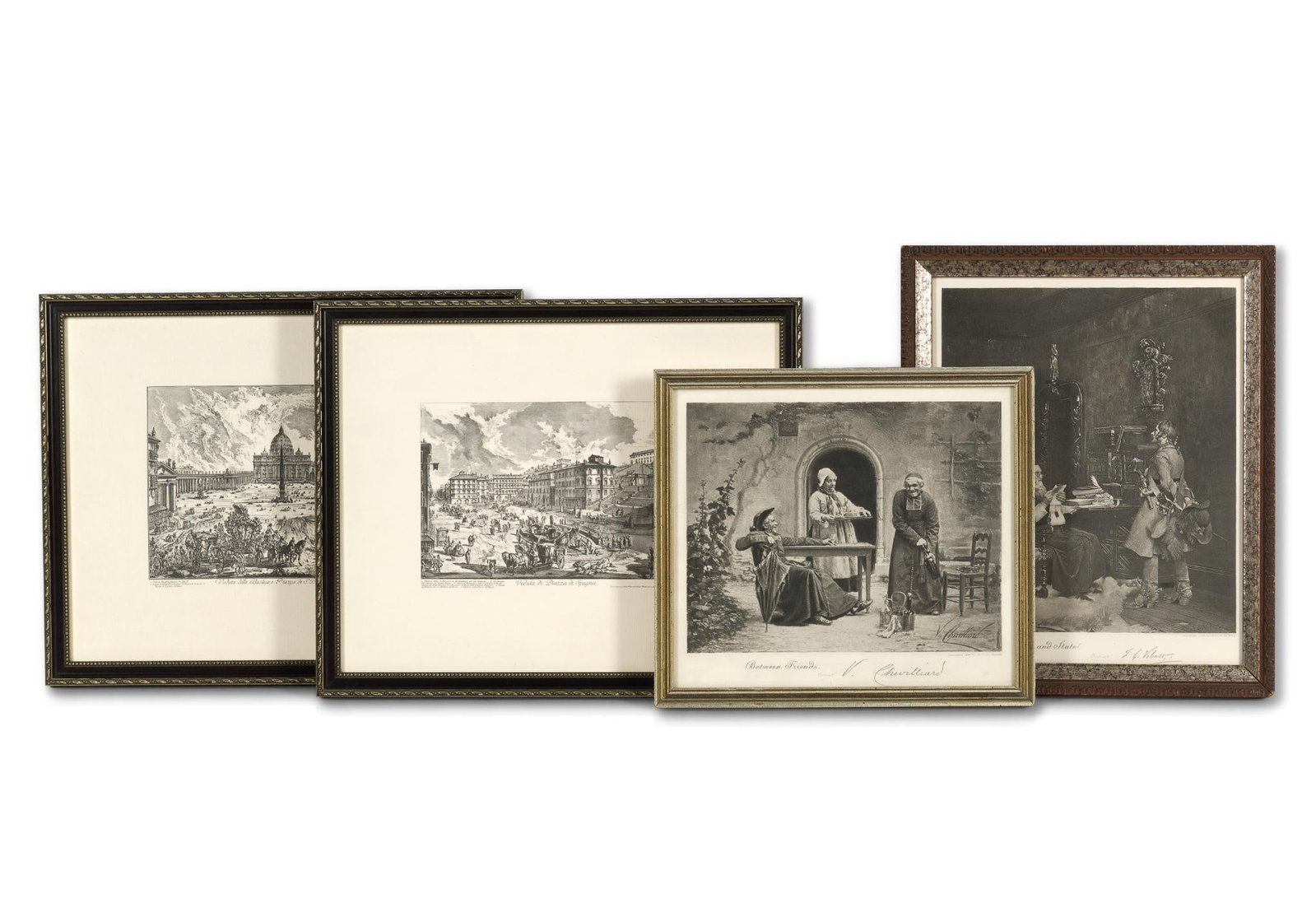 4 Framed Prints: Includes "Between Friends"; "Church & State"; Veduta della Basilica e Piazza di S. Pietro in Vaticano; and Veduta di Piazza di Spagna. 9" to 11" long x 10-1/4" to 13-1/4" wide. Provenance: From