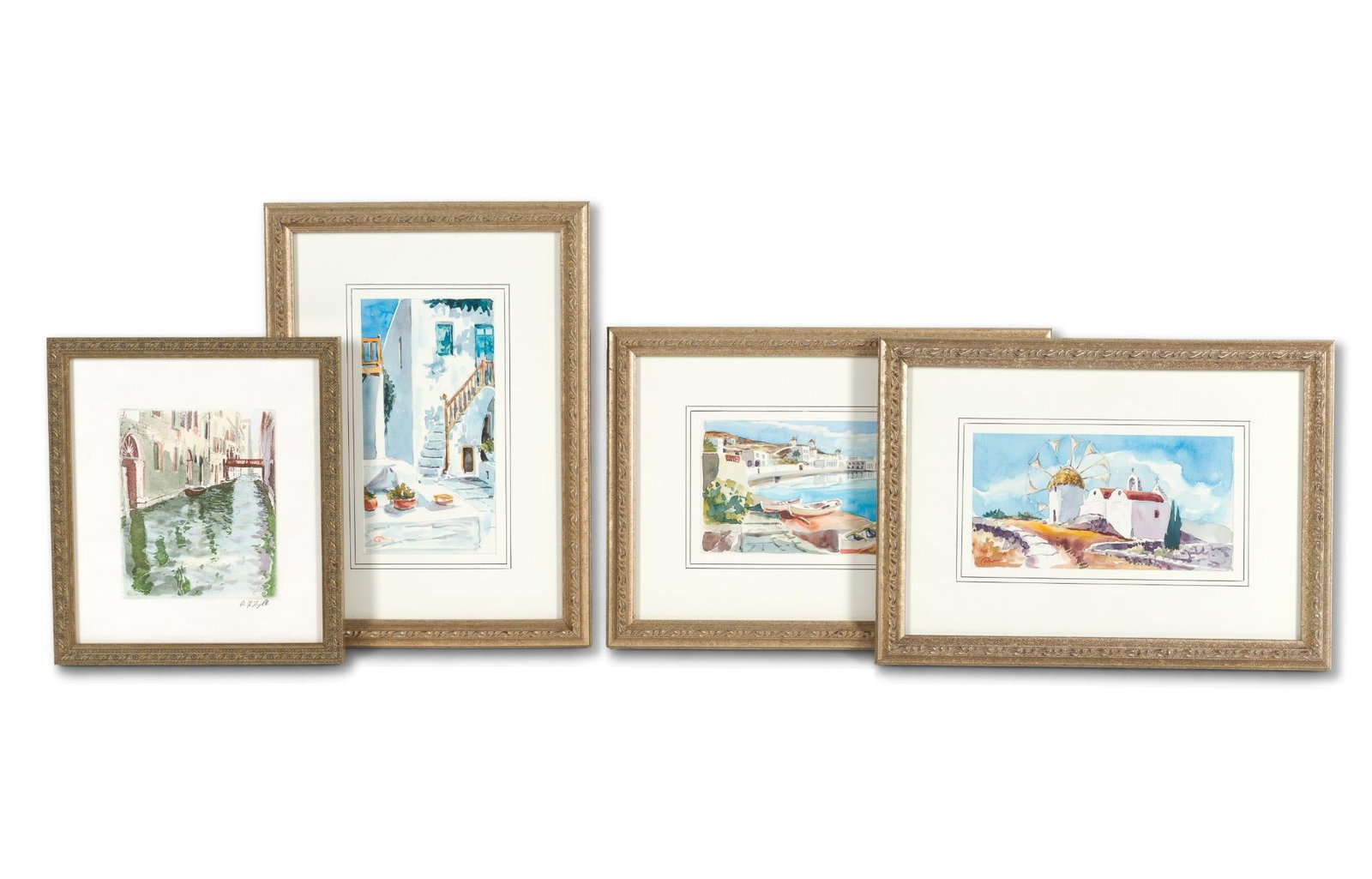 4 Framed Scenic Watercolors: All signed. Include Italy, Greece, and Holland. 8-1/2" to 12" long x 7-1/2" to 8-3/4" wide. Provenance: From the Estate of Lory Patrick Jones (1933–2026), actress, writer, director, and
