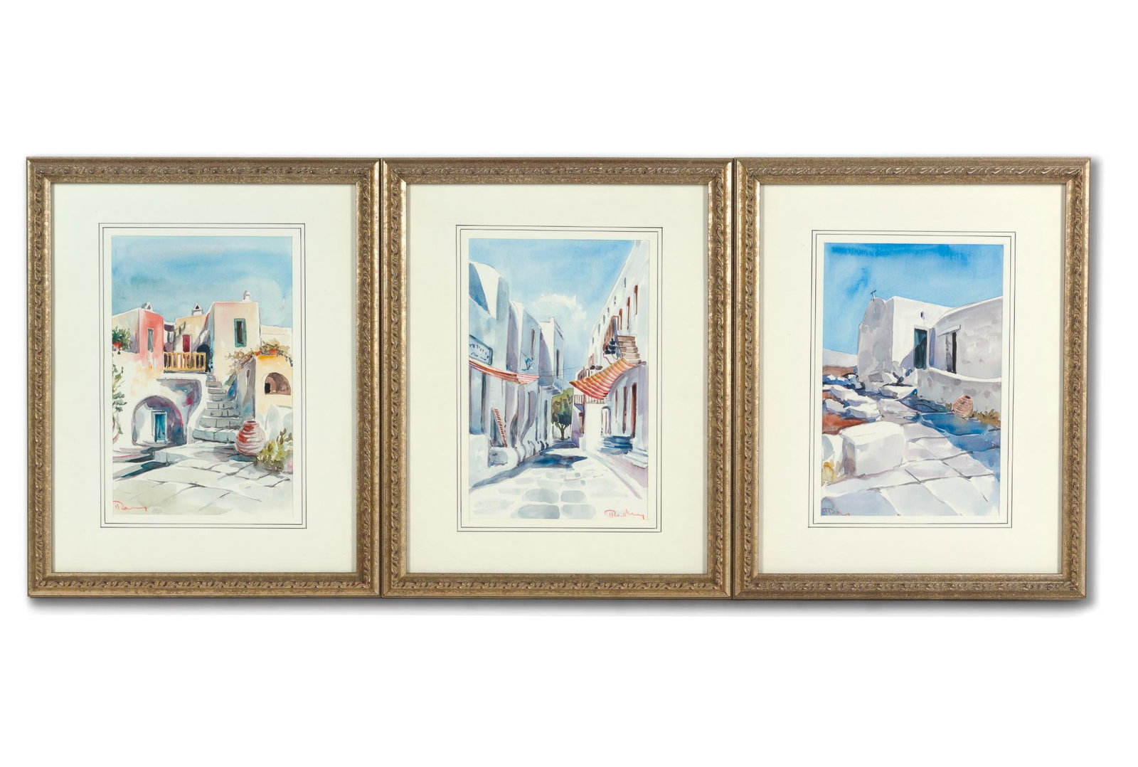 3 Framed Scenic Watercolors: All signed. All appear to be Greek scenes. All measure 13-1/4" long x 11" wide. Provenance: From the Estate of Lory Patrick Jones (1933–2026), actress, writer, director, and