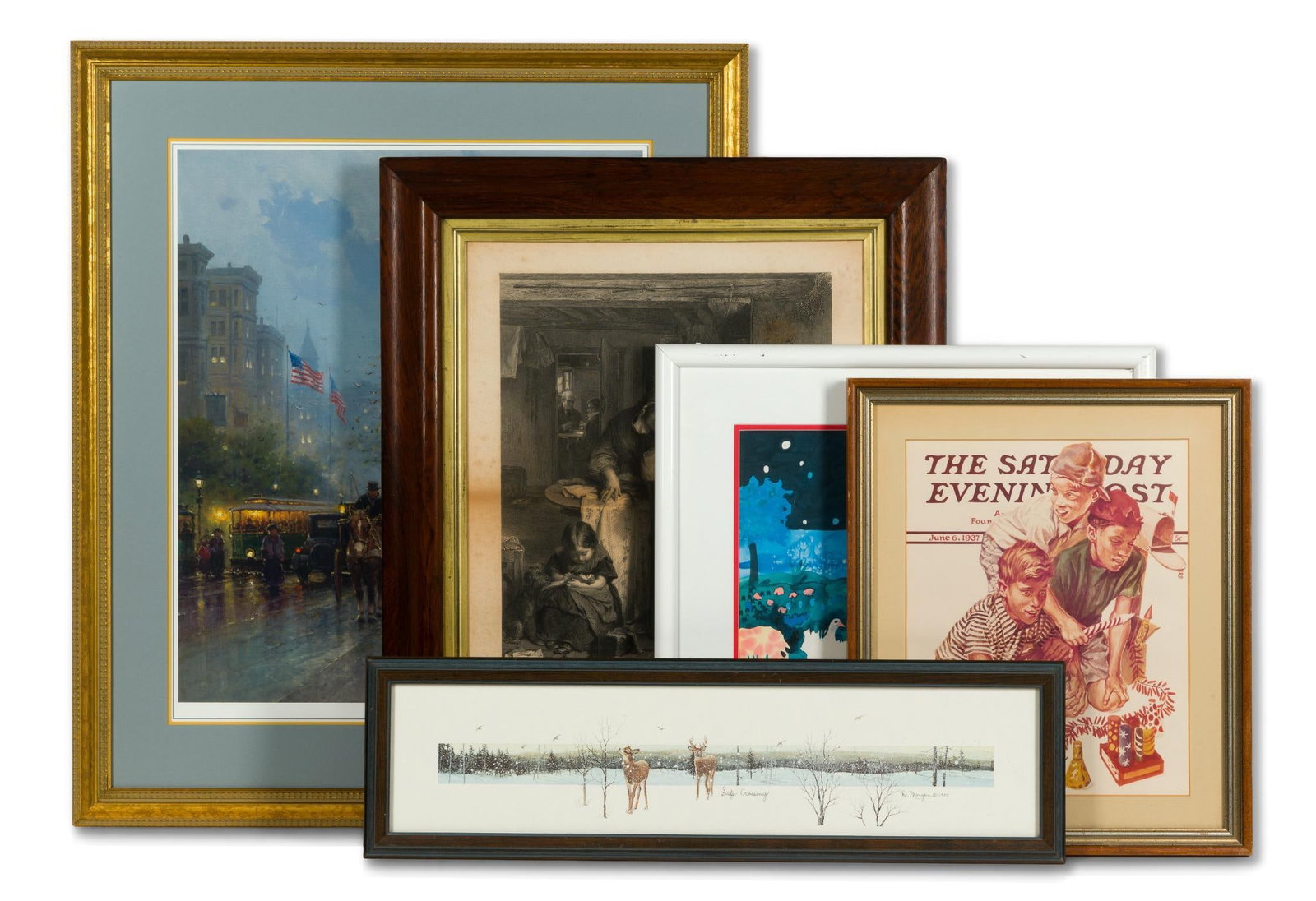 5 Framed Prints: Includes Saturday Evening Post Cover, Harvey "In God We Trust", and more. 8" to 30-1/4" high x 26-1/4" to 26-1/2" wide. Provenance: From the Estate of Lory Patrick Jones (1933–2026),