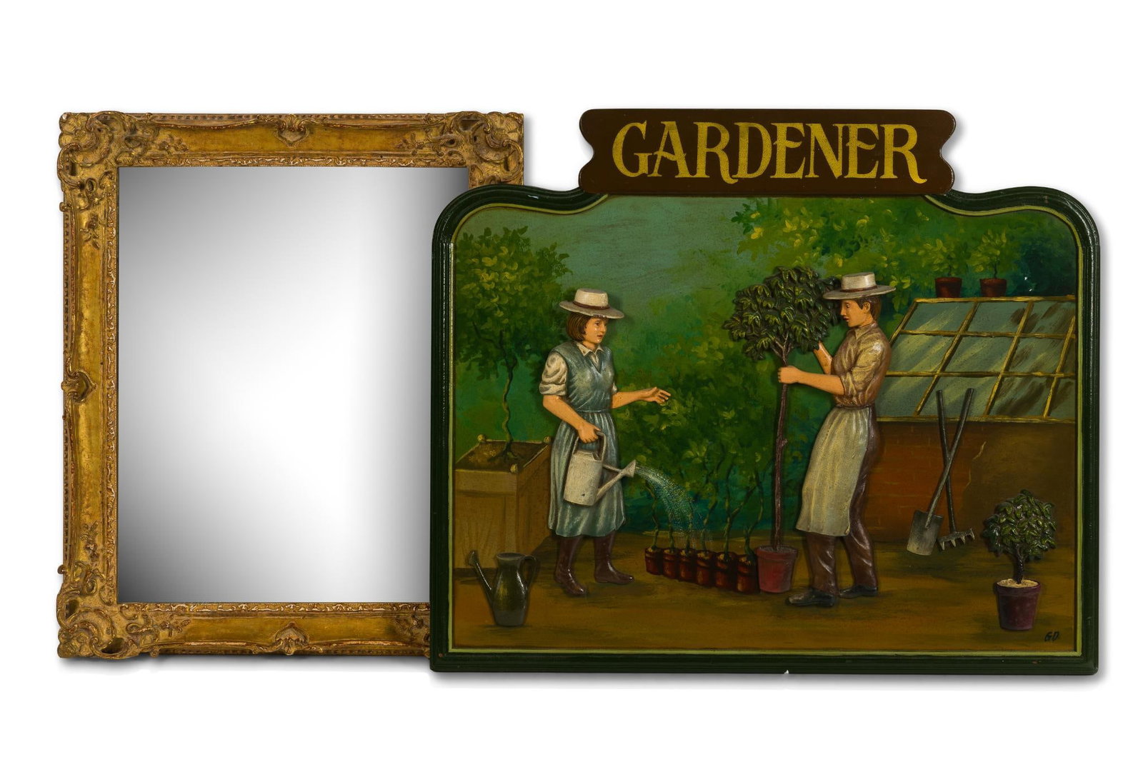 Decorative Mirror & Gardener Sign: Some losses to mirror frame. 21-1/2" to 22" long x 17-1/2" to 26-1/4" wide. Provenance: From the Estate of Lory Patrick Jones (1933–2026), actress, writer, director, and philanthropist