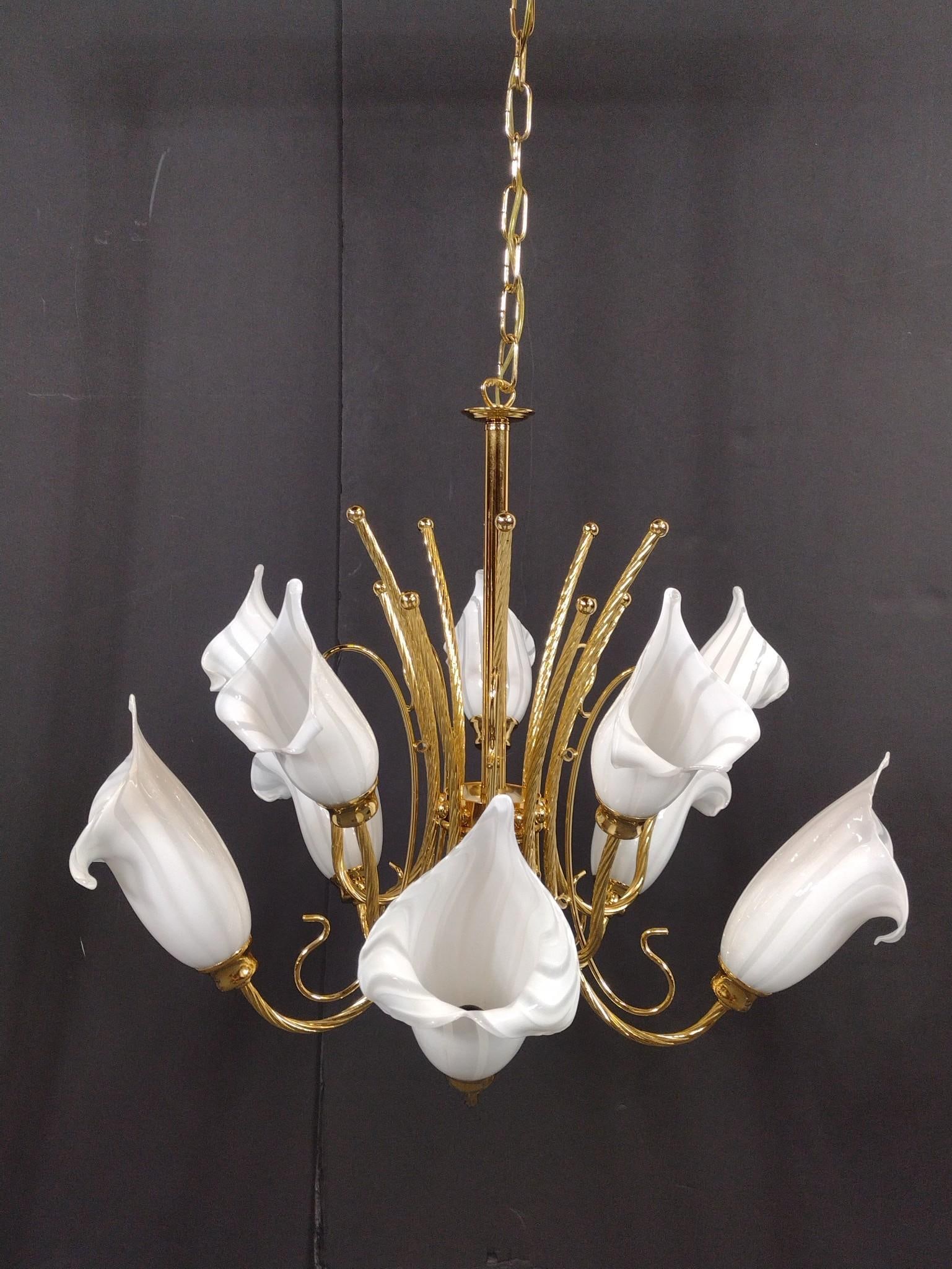 Regency Style Brass and Art Glass Calla Lilies Chandelier (1 of 6)