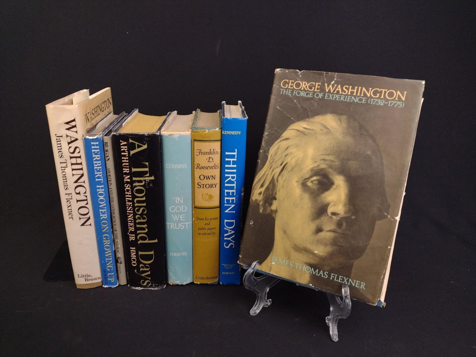 8 Presidents Books Incl. First Editions: First edition books include: "Thirteen Days" by John F. Kennedy, George Washington: The Forge of Experience" by James Flexner and "Franklin D. Roosevelt's Own Story" compiled by Donald Day. Also inclu