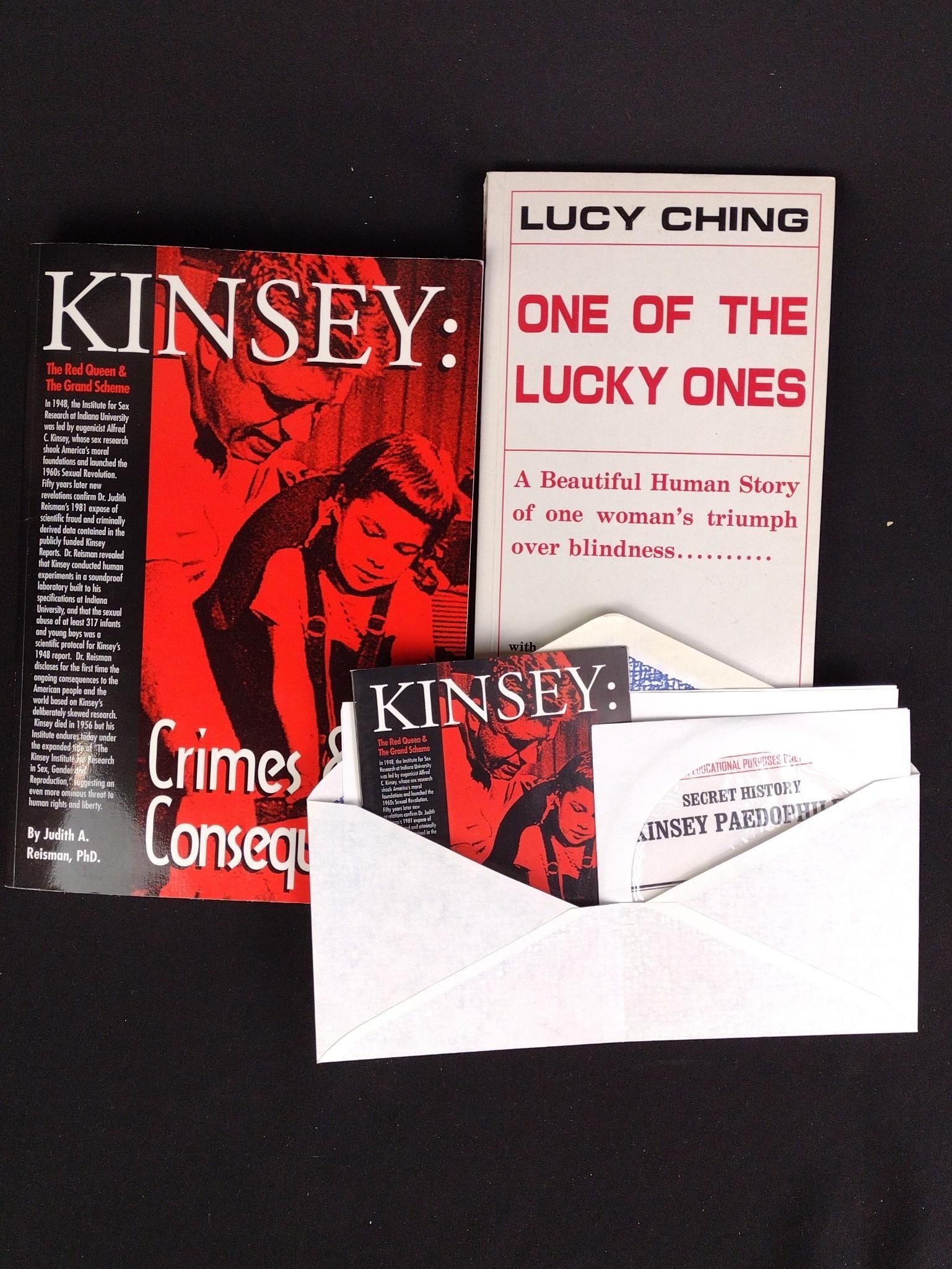 Kinsey: Crimes & Consequences by Judith A. Reisman With Inscribed Card: Also includes a letter and a signed copy of "One of the Lucky Ones" by Lucy Ching. "Kinsey: Crimes and Consequences" comes with an unique inscribed letter on a card with the same cover of the book to 