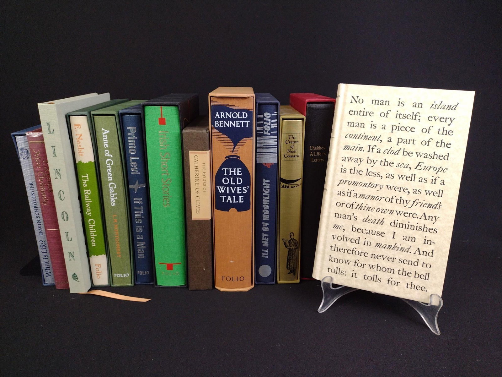 10 Folio Society Books Incl. No Man Is An Island: Also includes "Anne of Green Gables," "The Railway Children," "Is This A Man," "Irish Short Stories," "The Old Wives Tale," "I,ll Meet By Moonlight," "The Cream of Noel Coward," "Chekov: A Life In Let