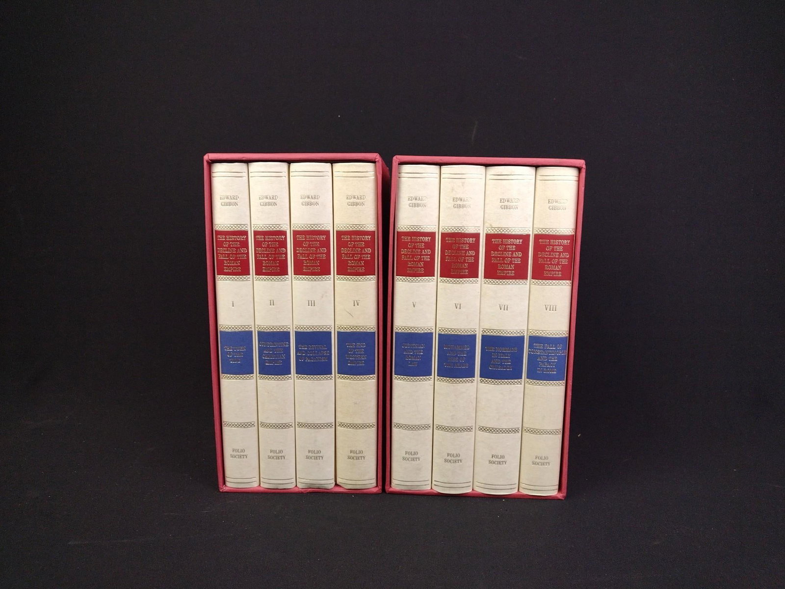 Folio Society Box Set of "The History Of The Decline Of The Roman Empire": Boxes measure 5-1/2" x 6-3/4" x 10-1/4". In great shape. Provenance: From the Estate of Lory Patrick Jones (1933–2026), actress, writer, director, and philanthropist known professionally a