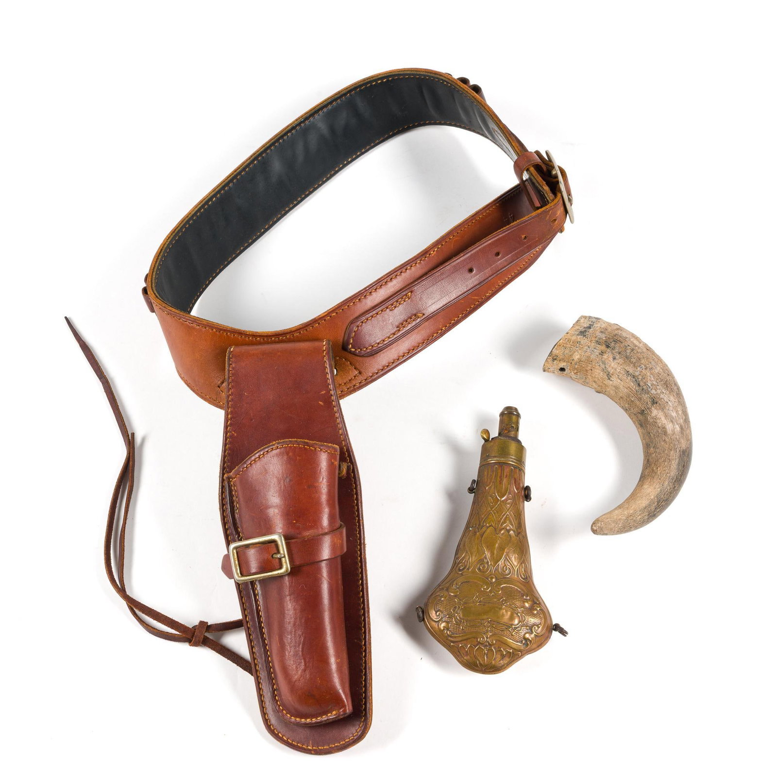 Leather Belt w/ Holster, Powder Horn, and Powder Flask (1 of 6)