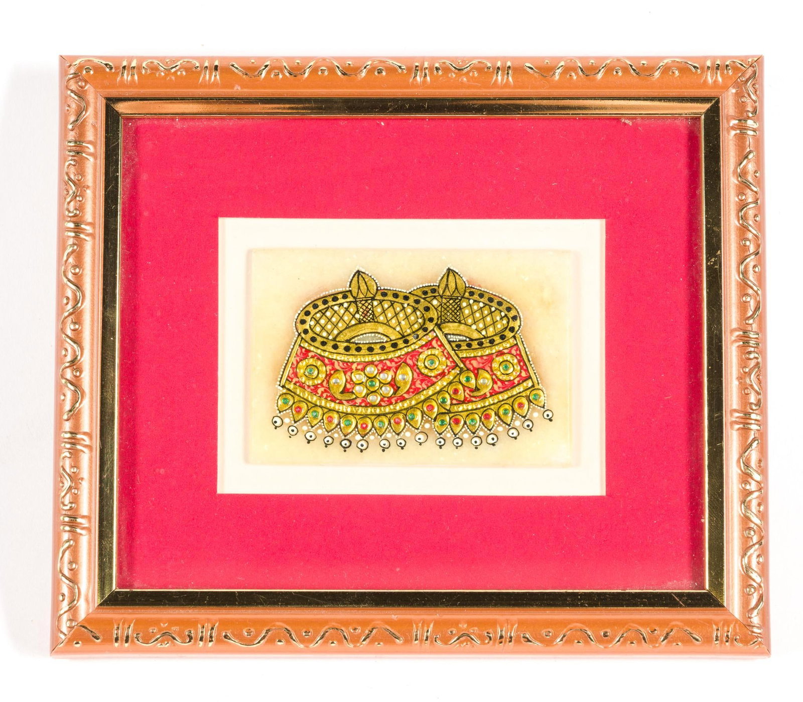 Indian Jaipur Framed Gold Leaf Work on Marble Piece: Measures 6-1/2" x 5-1/2".