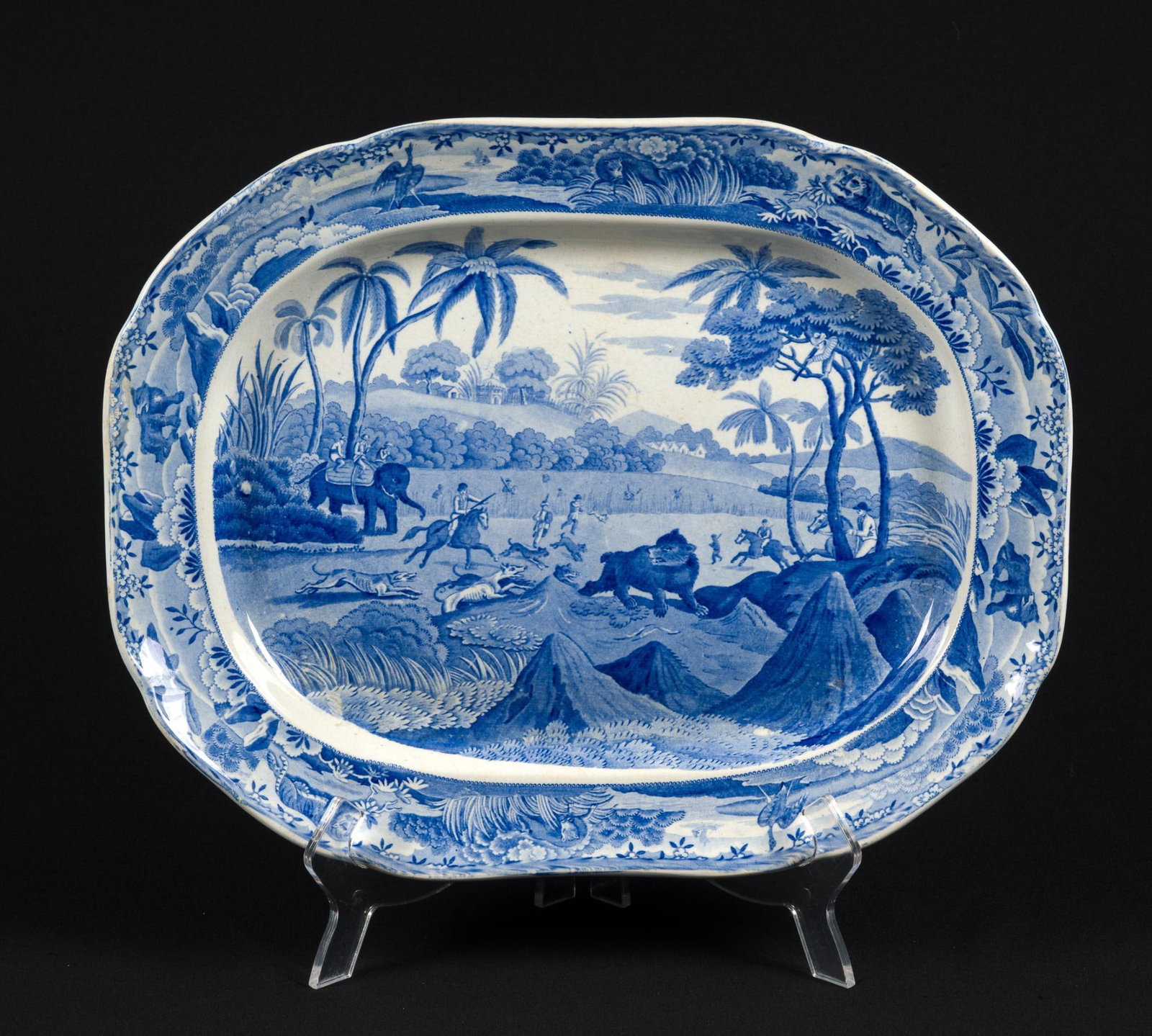 Antique Spode Platter "Driving A Bear Out Of Sugar Canes": Measures 17-1/4" x 13-1/2". Features a rare bear hunting scene on an early Spode platter.