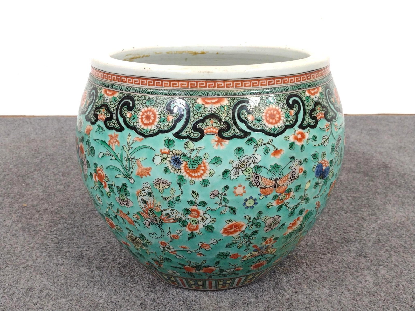 Chinese Famille Verte Style Planter: 15" diameter X 13-1/2" high. Marked inside.