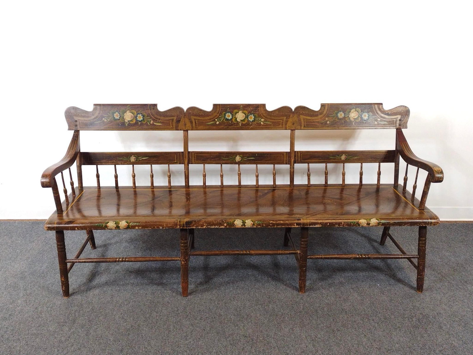 Painted Bench: 75" wide X 21" deep X 34-1/2" high. Has paint loss and scratches. 