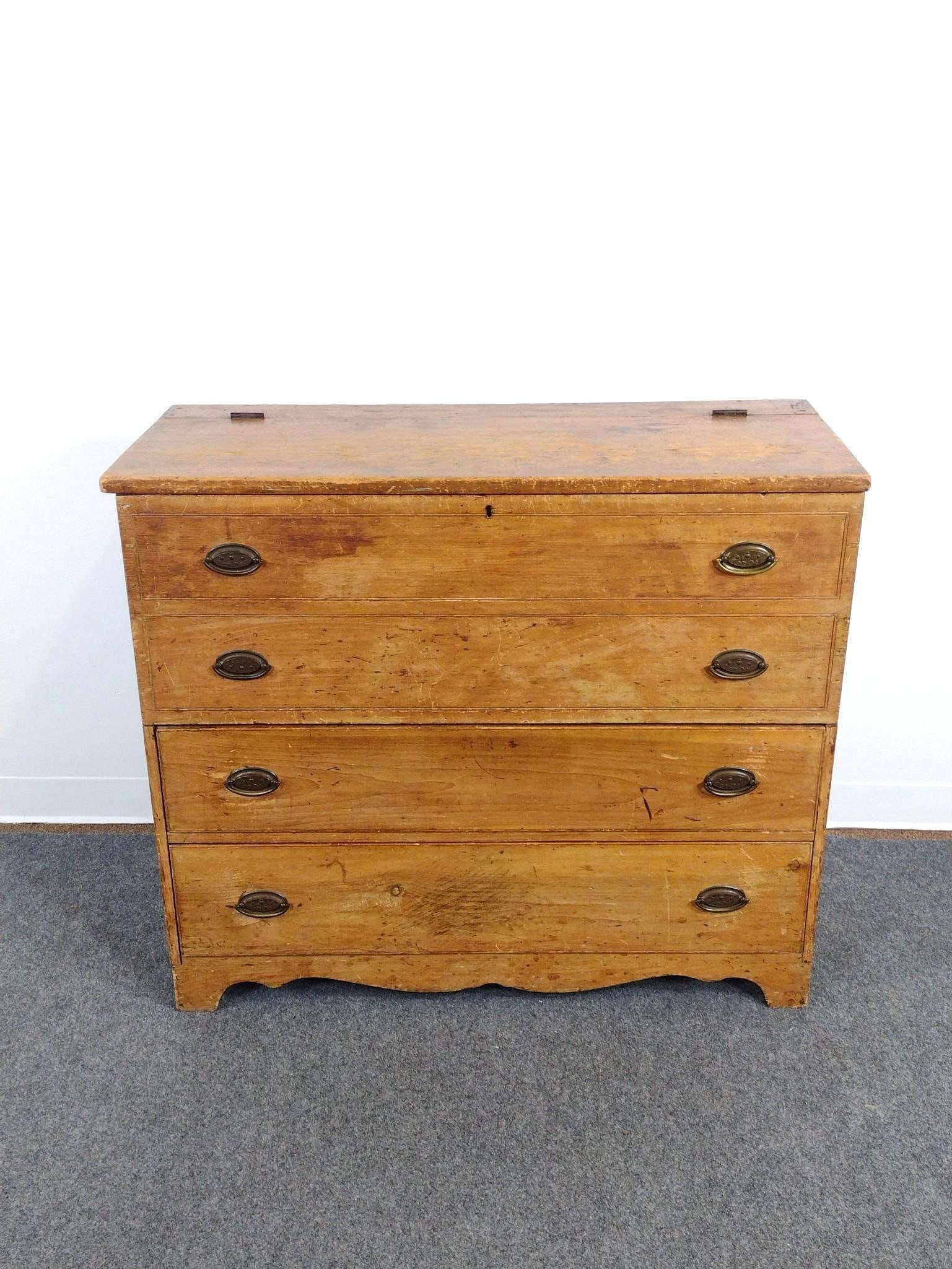 Country Pine Mule Chest: Lift top. 40-1/2" wide X 16-1/2" deep X 35" high. Has wear consistent with age.