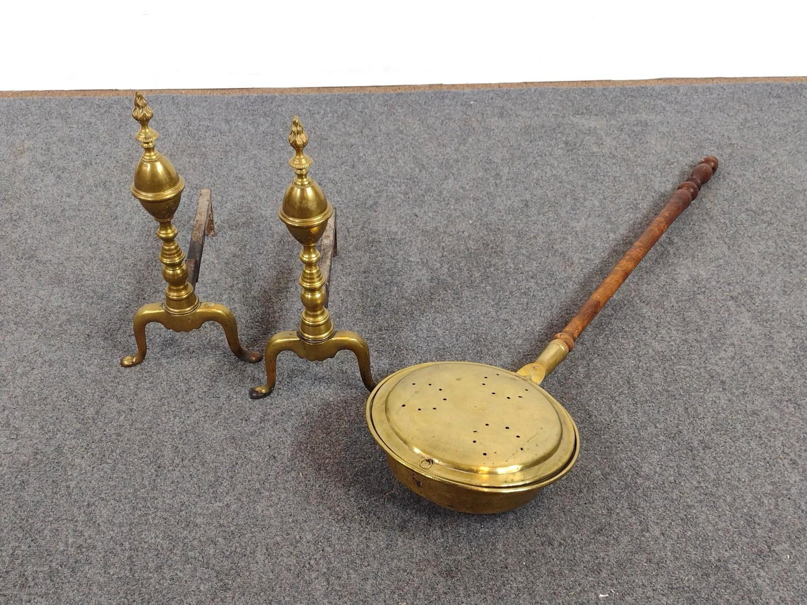 Brass Andirons and Bed Warmer: Andirons each 9" wide X 15" deep X 19" high. Bed warmer 12" wide X 44-1/2" long. 