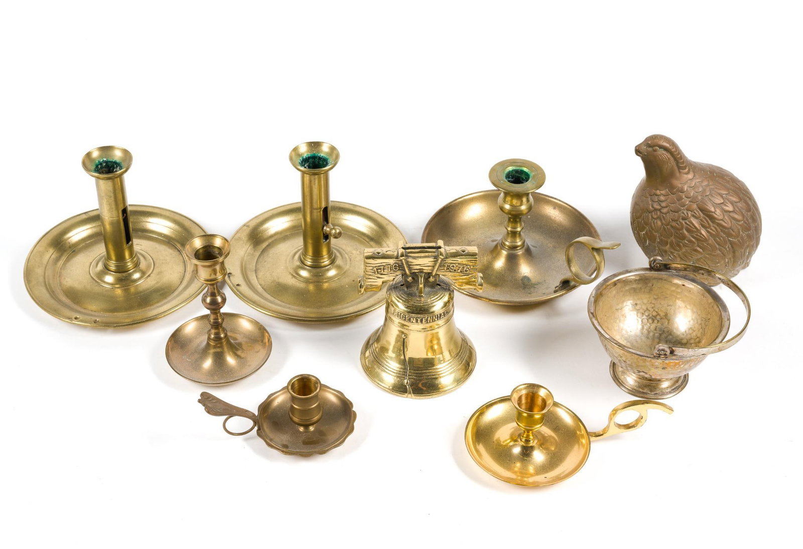 6 Brass Candlesticks, Cast Iron Bank & Copper Bird (1 of 5)