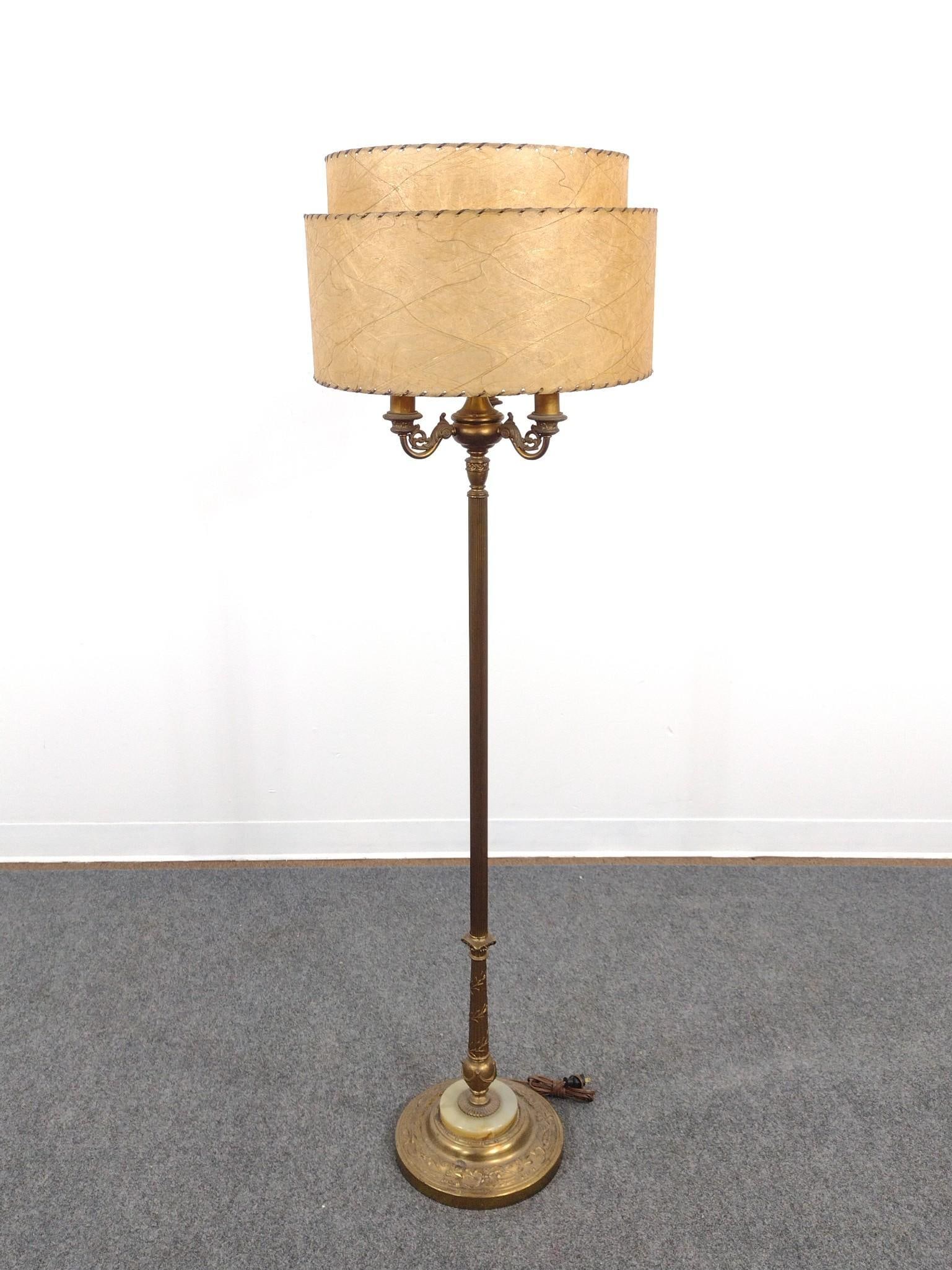 Vintage Art Deco Rembrandt Floor Lamp: Tested and works when plugged in. Comes with original lamp shade and measures 18" x 18" x 60-1/2" with shade. Stone and iron base. 